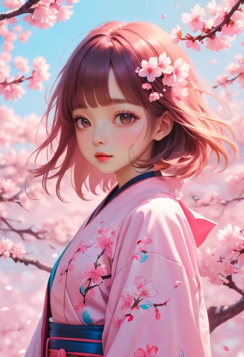 Psychedelic Sakura Space , Very detailed, Vibrant Color Lisa Candid Style,Sakura girl, Layered art, Sakura petals fell gently around her, pastel color palette，The ethereal beauty of blooming cherry blossoms。Rich details，花瓣的细腻纹理以及Sakura girl表情所传达的微妙情感