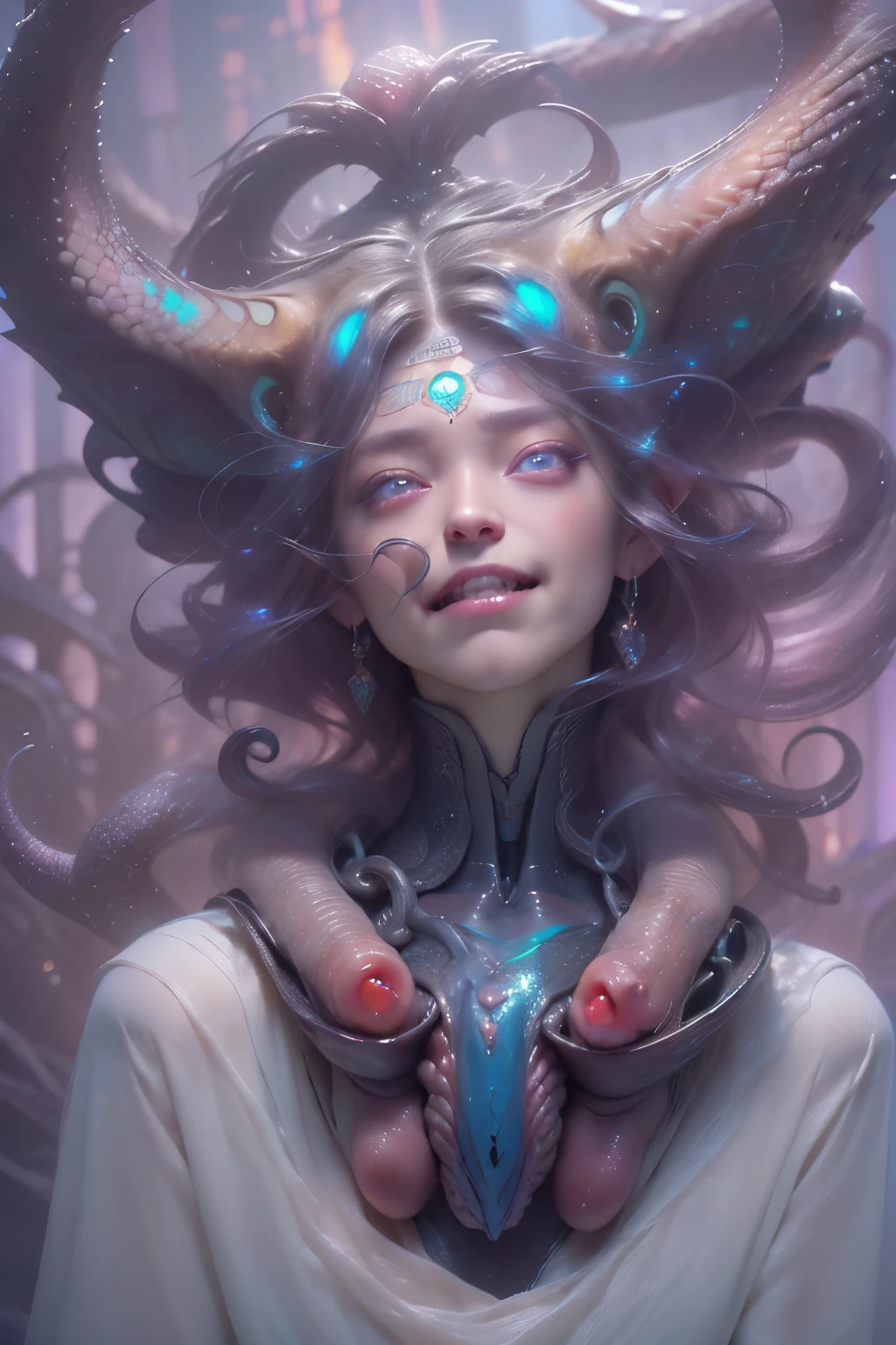 (Portrait of a beautiful yet frightening female creature:1.4), ((There is a female genital-like organ in the middle of the forehead:1.8)), (realistic face:1.2), Super realistic transparent skin, she is very sleepy, (Number of award-winning masterpieces, incredibly detailed, Texture and maximum detail), midnight aura, unreal engine 5, super sharp focus, midnight aura, unreal engine 5, super sharp focus, (art by Amano Yoshitaka:1.5), germ of art, Reusch, intricate artwork, ultra realistic realism, High resolution, High freshness, draw faithfully, official art, unity 8k wallpaper, highly detailed artistic photography, dream-like, fantasy creation, dream snail, (biopunk nautilus:1.3),thrilling color scheme, amazing mutation, She has a beautiful body with a golden ratio, goddess of the deep sea, fractal, Geometric pattern, An impossible number of transparent white tentacles with luminescent organs:1.4), Subtle emerald green accents, (smile seductively:1.3),(she has the most beautiful face in the history of the universe:1.5), (She looks down at the viewer with glowing blue eyes without pupils:1.3), an evil gaze that seduces, cinematic lighting, (no makeup:1.3), (From the gap between your cute lips, Long canine teeth peeking out like a vampire:1.5), in the palace hall, A sweet sigh leaks from her beautiful lips with an ecstatic expression on her face., Numerous hair-like translucent tentacles grow on its head.. cheerful smile