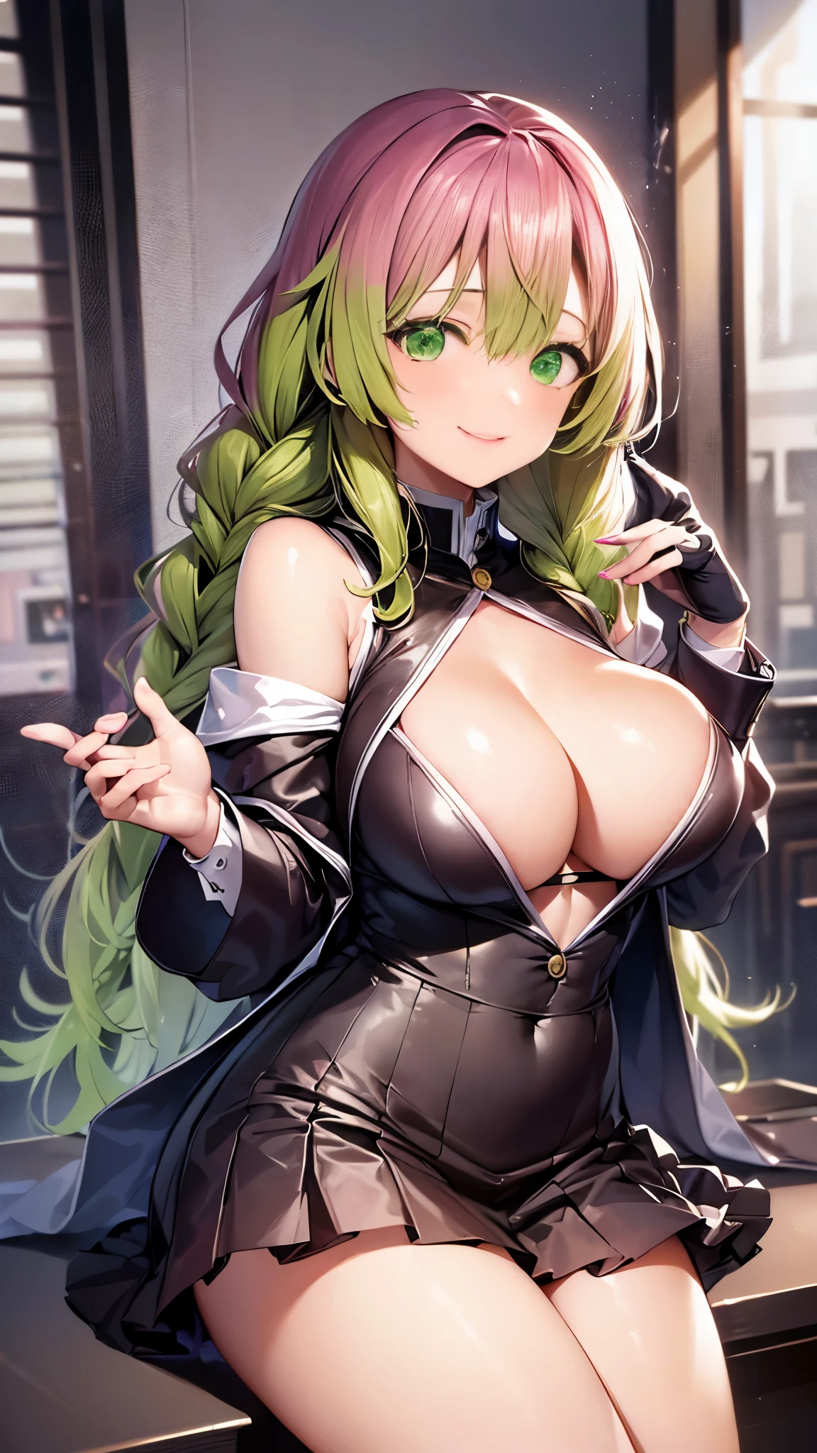 Mitsurikan Logi, Mitsuri Kanroji, Braid, gradient hair, (green eyes:1.5), green hair, long hair, mole, mole under the eyes, colorful hair, pink hair, Twin Braids, two tone hair,
brake belt, 黒のskirt, cleavage, coat, demon slayer uniform, Haori, generally, long sleeve, ミニskirt, partially unbuttoned, プリーツskirt, skirt, uniform,
break looking at viewer,
rest indoors,
break (table top:1.2), highest quality, High resolution, unity 8k wallpaper, (figure:0.8), (detailed and beautiful eyes:1.6), highly detailed face, perfect lighting, Highly detailed CG, (perfect hands, perfect anatomy),colorful hair, The whole body is reflected, (off shoulder costume:1.5), ((chest wide open and exposed)), (smile),