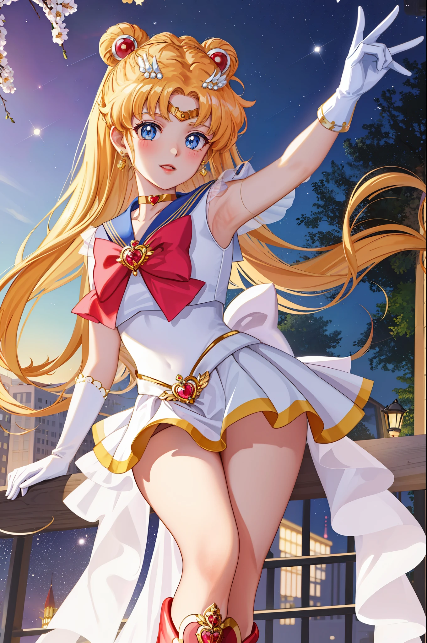 masterpiece, best quality, close-up,(1girl), supersailormoon, detailed face, happy, face focus, cowboy shot, nigh sky, moonlight, moon, sakura trees, city at night, white gloves, detailed eyes, detailed face, galaxy background, detailed background, multicolored clothes, sailor senshi uniform, multicolored skirt, hair ornament, red bow, brooch, heart brooch, earrings, crescent, heart choker, heart, miniskirt, very long hair, back bow, crescent earrings, tiara, yellow choker, boots, knee boots, red footwear