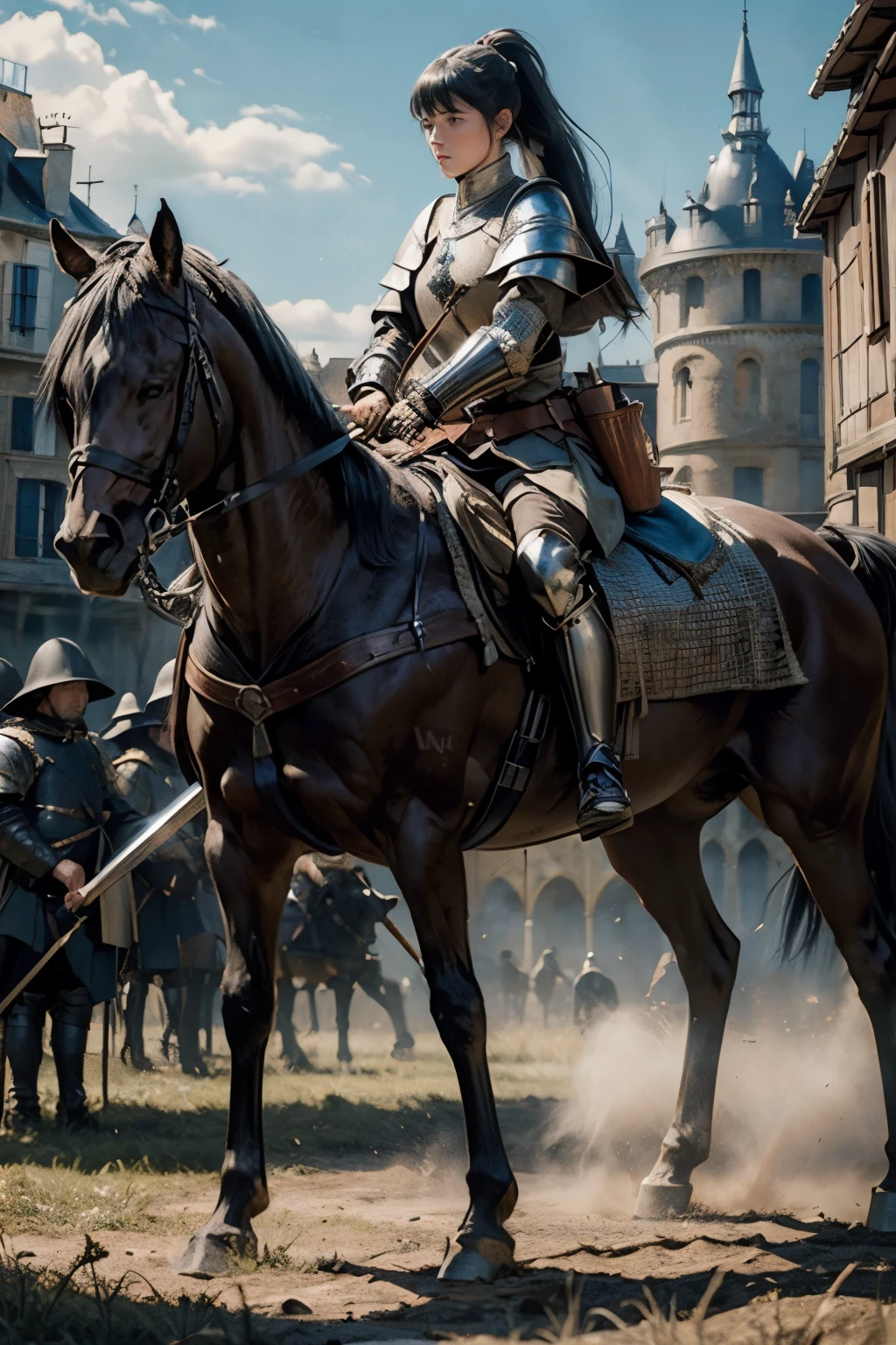 ((wide angle shot of the Hundred Years' War in France)), a beautiful woman, black hair in a ponytail, bangs, wearing glasses, wearing Jeanne d'Arc armor