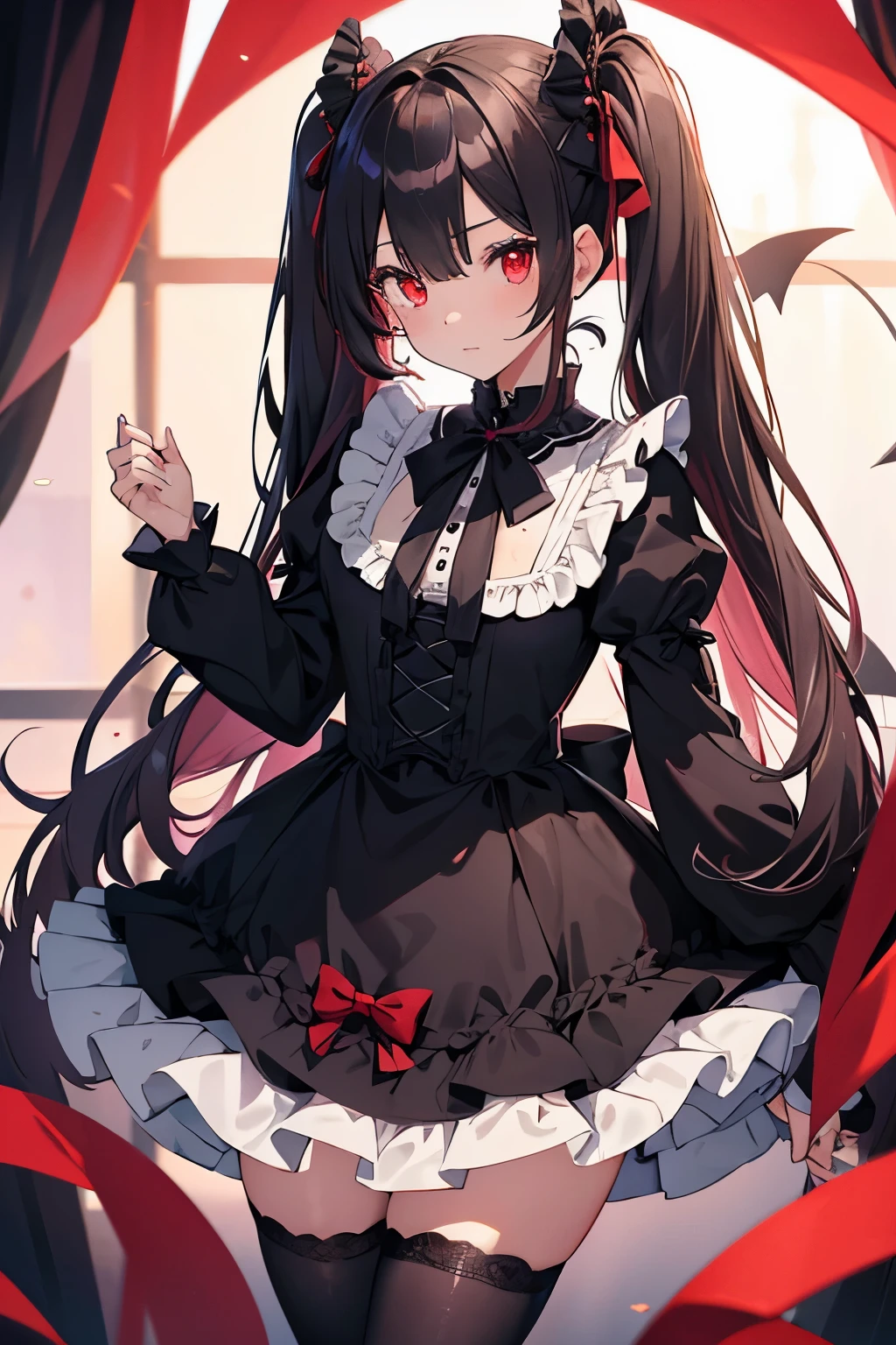 (8K, Best Quality, Masterpiece, Ultra High Resolution) 1Girl, Young, 10-year-old, Beautiful Eyes, Face Details, Black Hair, Red Eyes, Pale Skin, Slender, Black Dress, Knee High Socks, Gothic, Dark Room, Best Quality, Upper Body, Looking at the Viewer, Facing Viewer, Close Up