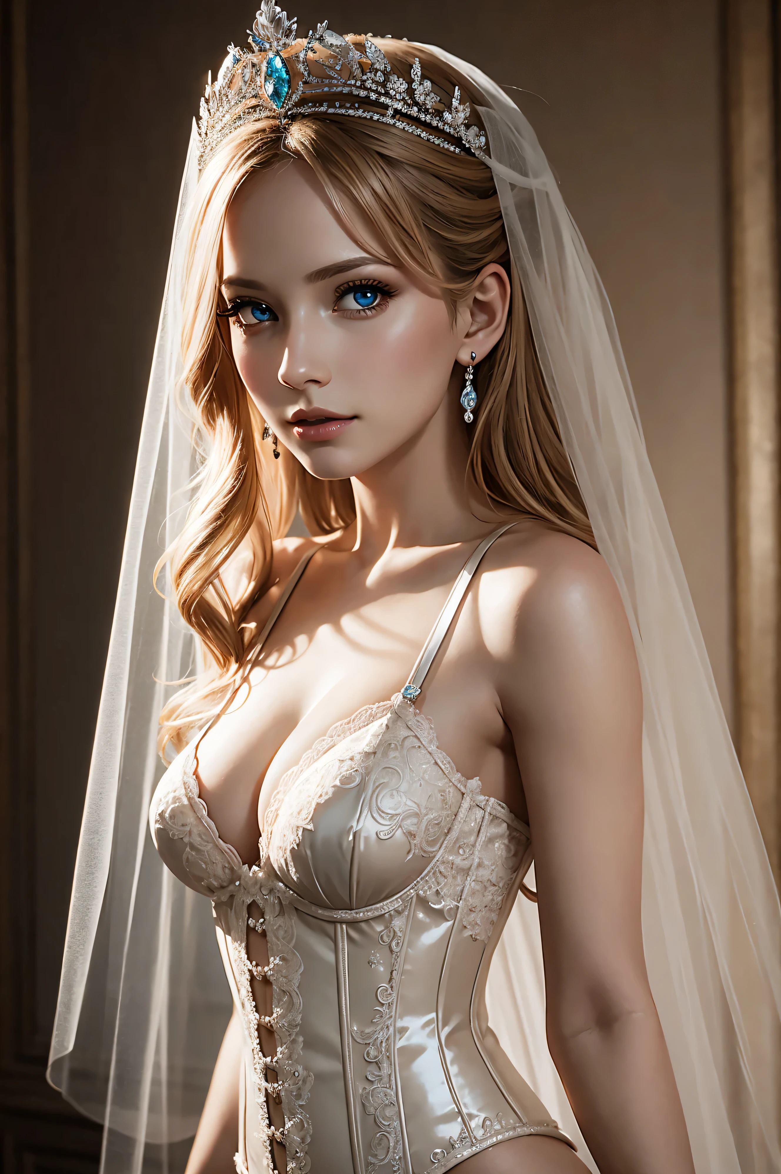 Beth Riesgraf , wearing nude veil bride tiara corset sexy clothes transparent. professionally retouched, soft lighting, realistic, smooth face, perfect eyes, sharp focus on eyes, 8 k, high definition, insanely detailed, intricate, elegant. in a natural background.