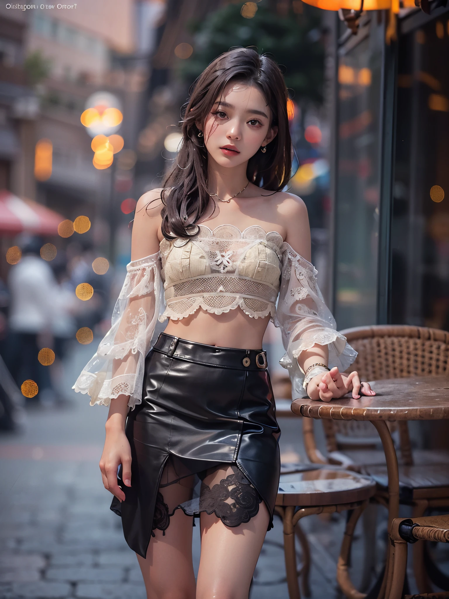 8k, RAW photo, top quality, masterpiece, realistic, photorealistic, clear, professional lighting, beautiful face, top quality, super high resolution.
BREAK (whole body:1.5), (18 year old very beautiful Japanese girl:1.3)
NSFW,
Slender, very flat chested, very small breasts
(The supermodel smiles confidently and strikes different poses in the photo shoot,:1.4)
(A very stylish cafe terrace that is magically lit up at night:1.3)
(Multi-layer bell sleeve crop top with scalloped trim, :1.4), ((off-shoulder, bare belly):1.3), (Crochet lace embellishment.:1.2)(Multi-layer asymmetric low-leg flared leather skirt, :1.3)