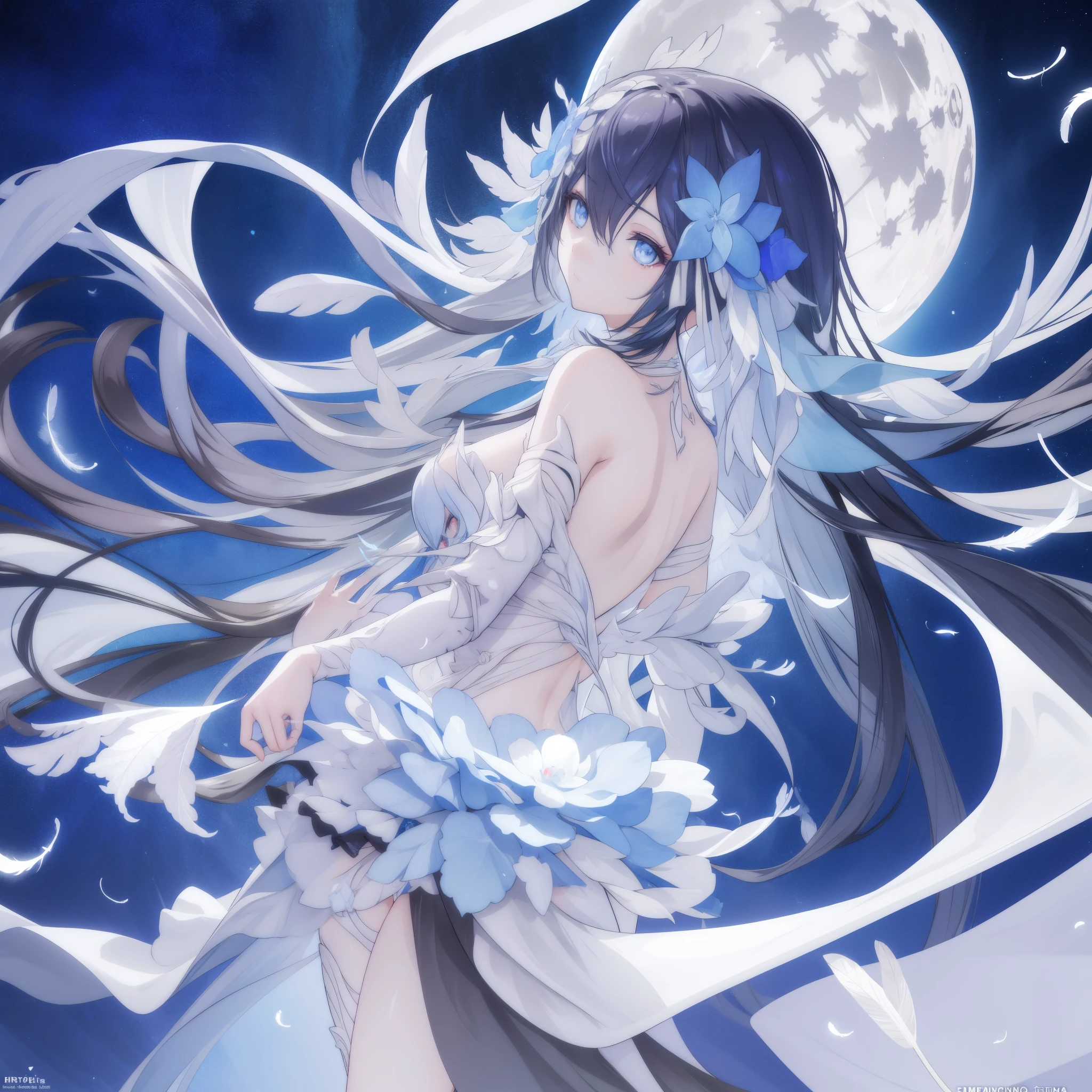 ((A close up shot)) of a anime girl, (standing in the moon), cinematic light, slim body with curves, skin perfectly white, soft, and smooth, ((no nsfw)), Extremely delicate and beautiful CG illustration, best quality, high resolution, dynamic angle, full-length lens, (1 girl), floating, soft light, high-key lighting), glowing light, blue aura, feathers fluttering background, blue crystal