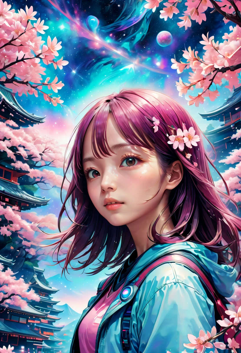Psychedelic Sakura Space , Very detailed, Vibrant Color Lisa Candid Style,Sakura girl, Layered art,