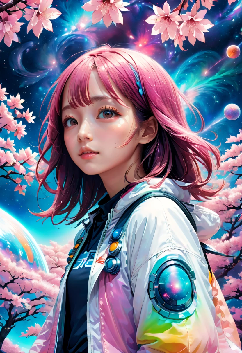 Psychedelic Sakura Space , Very detailed, Vibrant Color Lisa Candid Style,Sakura girl, Layered art,