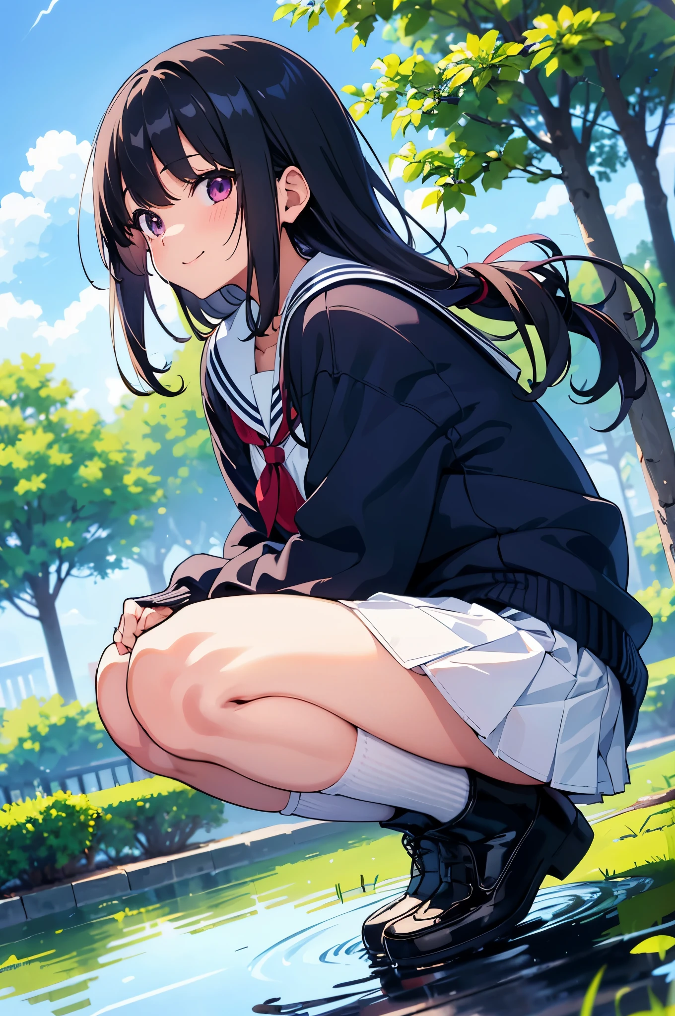 Elementary school girl, 8 years old, flat chest, black hair, long hair, purple eyes (1 person) Plain white short-sleeved sailor uniform on the upper body, navy blue miniskirt on the lower body, white panties ((I can see her panties)) White socks sneakers Sitting on a bench at a bus stop in the countryside Dynamic angle Low angle