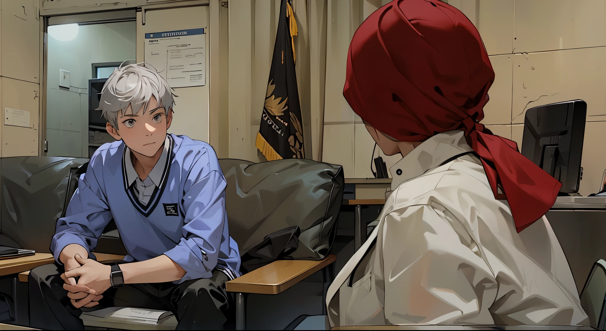 a 17 year old male student with short silver hair with gray eyes sitting in front of his teacher