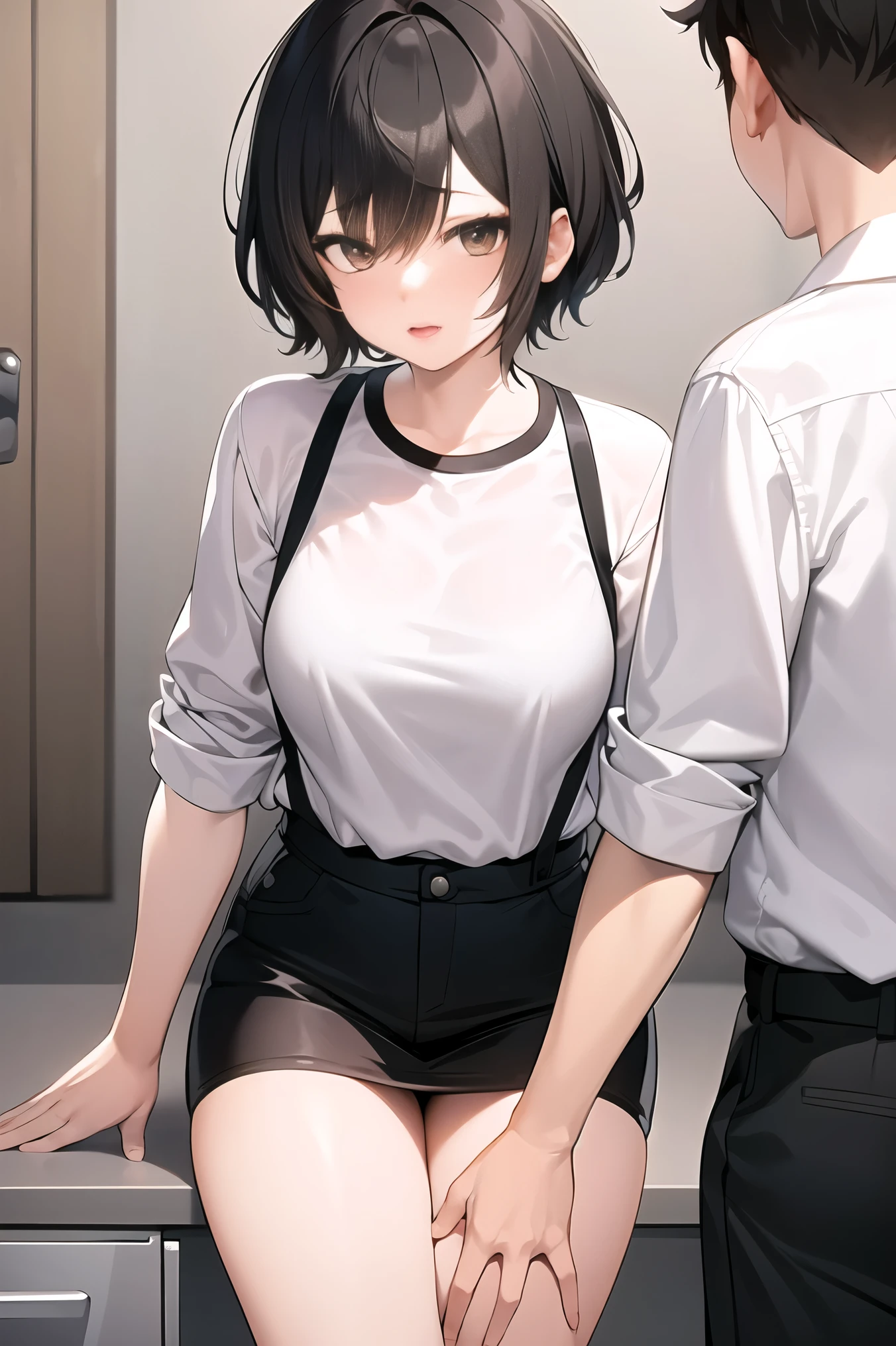 nsfw, masterpiece, extra limbs, 1shota, 11 years old, black extra short hair, tareme black eyes, (nervous), (penis), standing arms behind back, collar,short shorts,camisole