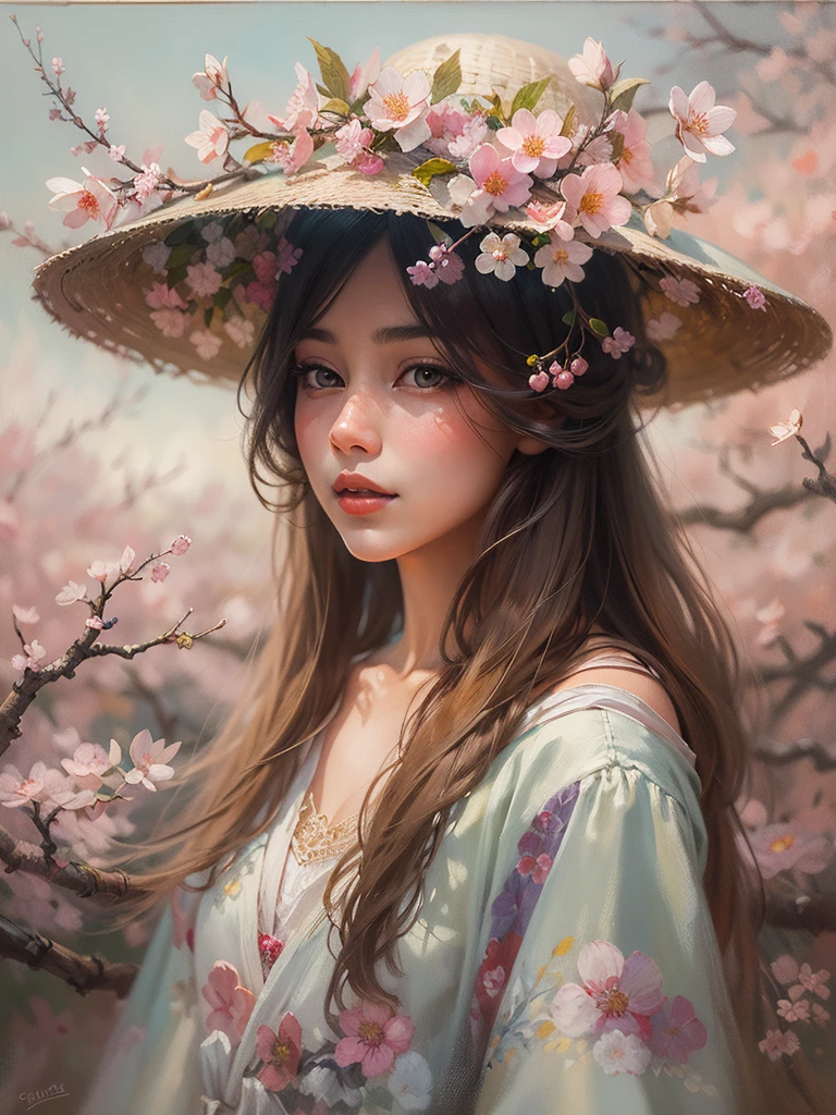 an oil painting,Beautiful girl wearing cherry blossom hat, Gurwitz style artwork,,artistic creativity:1.4