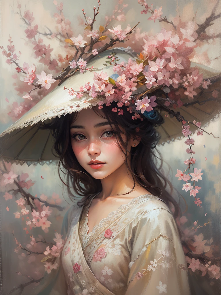 an oil painting,Beautiful girl wearing cherry blossom hat, Gurwitz style artwork,,artistic creativity:1.4