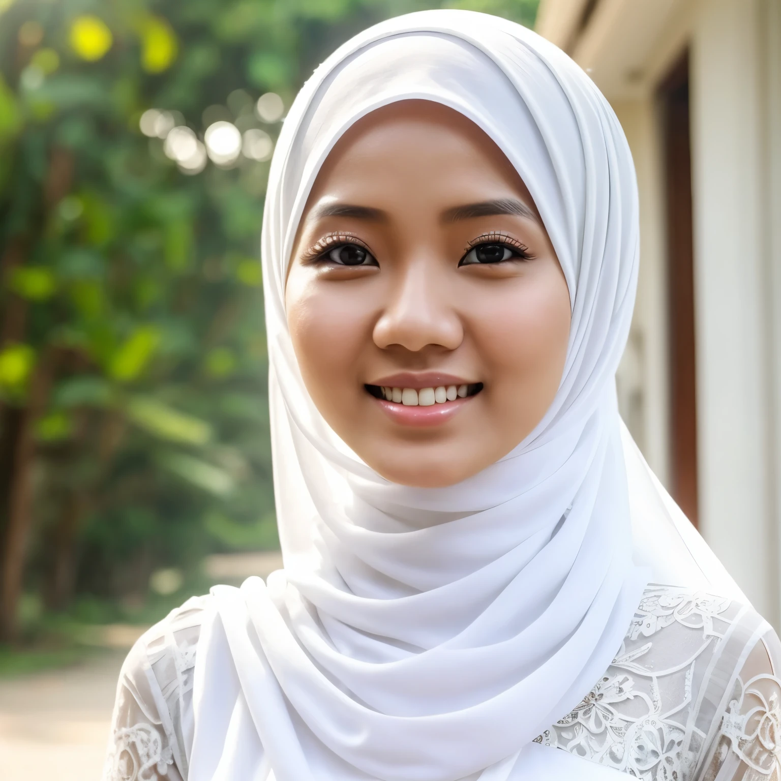 an Indonesian girl aged 30 years, white skin, slender body, hijab, wearing a white dress, smiling, her eyes, elegant, light effect from the left, looks realistic, high image quality