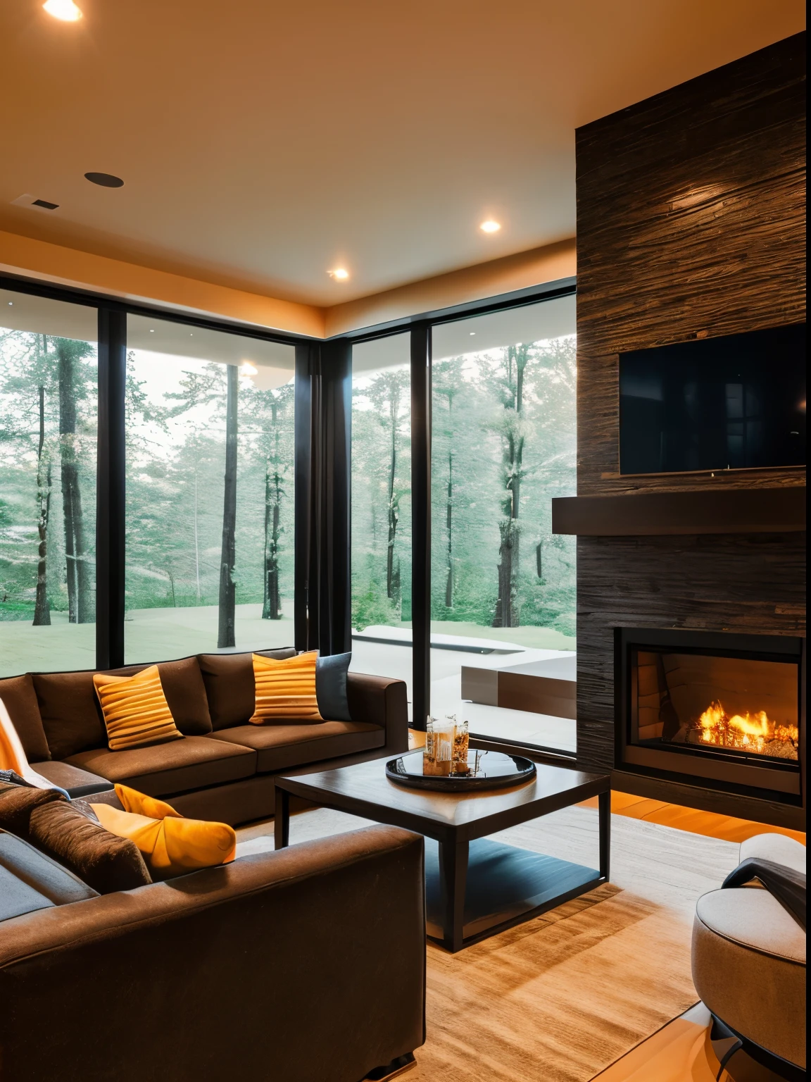 An open-concept living space with a double-sided fireplace visible from both the living and dining areas. Plush seating arrangements, subtle recessed lighting, and the warm tones of the fire create a welcoming and intimate environment for gatherings.”