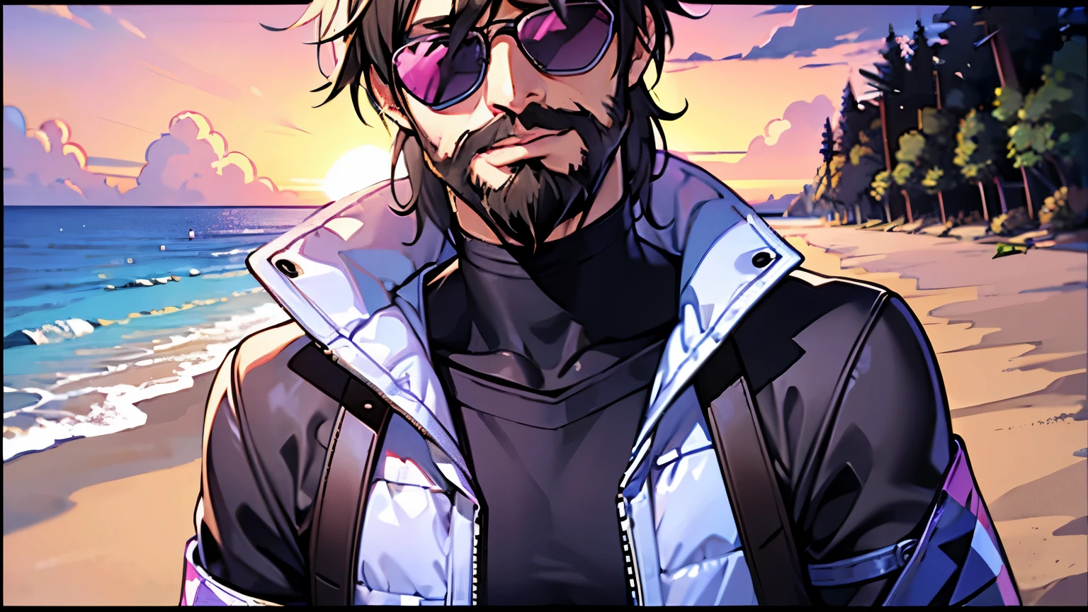 beach,seaside,Sunset,Shoulder short hair,male,Show forehead,sunglasses,beard