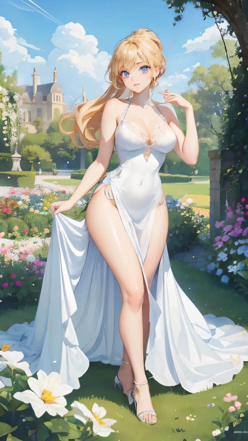 (masterpiece:1.2), (highest quality:1.2),, Curvy but slender body, perfect eyes, perfect face, perfect lighting, 1 girl, in the garden, (y pose),(Princess),(dress),(full body shot),(ponytail),(cute gesture),curly hair, fine clothes, detailed outdoor background, compensate, eye shadow, thick eyelashes, fantasy, looking at the viewer, whole body、blue sky、Bright and very beautiful face、young shiny glossy white shiny skin、the best beauty、the most beautiful bright blonde hair in the world、thin hair、long hair、Shining beautiful bangs、big shining blue eyes、Very beautiful and lovely 30 years old, the most beautiful adult in the world、small bre