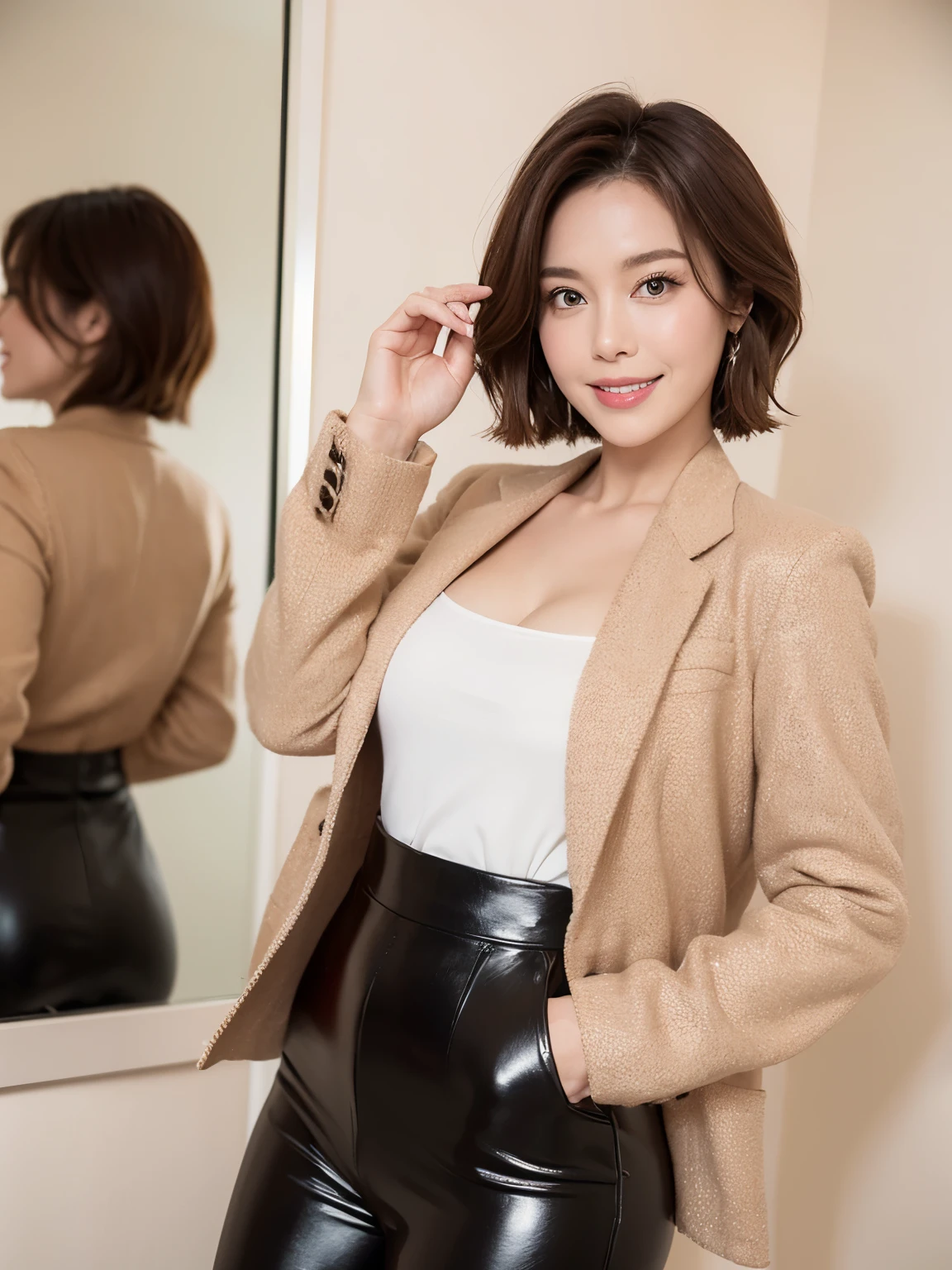 masterpiece,highest quality, (1 milf、38 years old), ((close:0.5)), glare, wool jacket,genuine leather pants、 white shirt, double eyelid, eyelash, lip gloss, (smile:1), ((close your eyes:0.85)), ((looking at the viewer、The whole body is reflected、Are standing)), to be born, (From above:0.2), ((no one)), (office)、written boundary depth、尖ったred mouth、(reddish brown wet shiny short hair,,,,,,,,,),red mouth,clavicle、full body portrait、digital illustration, (Photoreal:1.3),(RAW photo.)