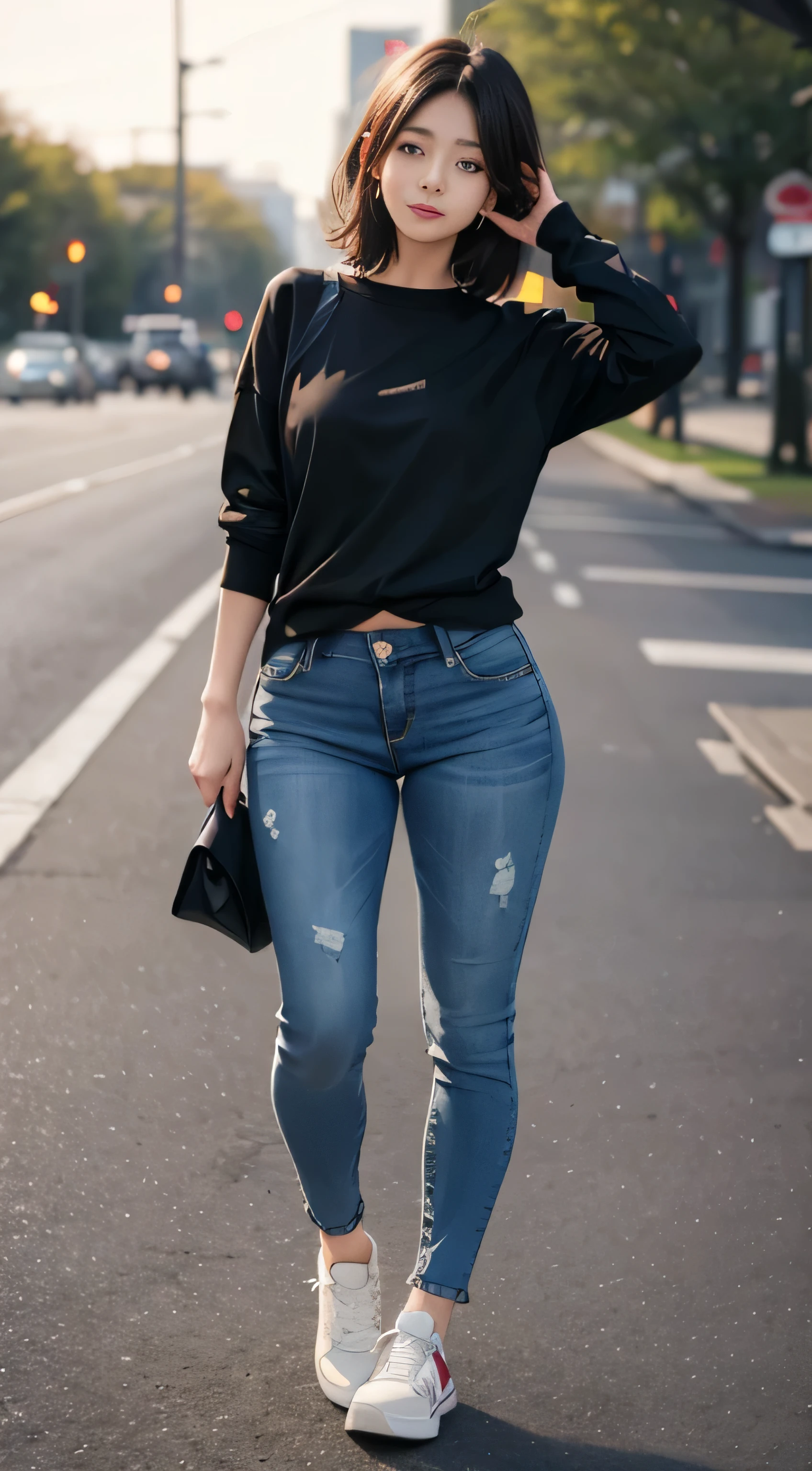 afternoon, sunny day, ((Black low rise skinny long jeans)), ((sweatshirt)), cityscape, (NSFW), 1 woman, alone, 24 years old, body with 7 heads, (Cute face), (Ideal body proportions), (Composed from head to thighs), smiling smile, erect nipple, sexy body, wet, Short hair, black hair, , slim, small ass, beautiful bridge, slim 다리, surrealism, cinematic lighting, depth of field, first person view, F/1.8, 135mm, nffsw, table top, accurate, ((anatomically correct)), textured skin, super detail, high details, high quality, award-winning, best quality, highest resolution, 8 thousand