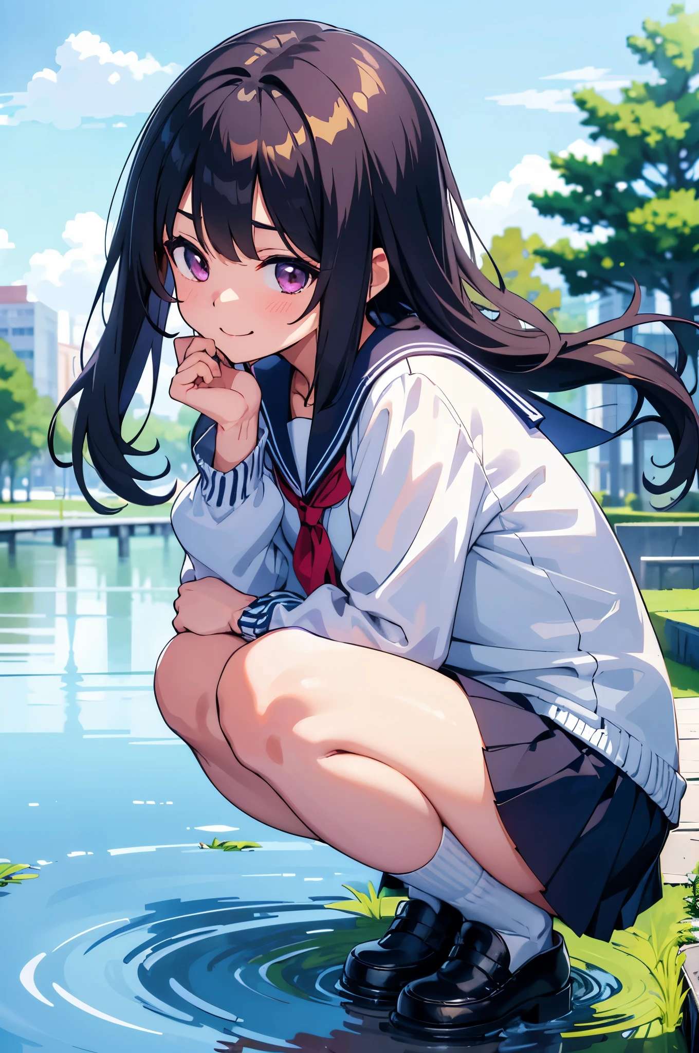 Park after rain large puddles 8-year-old flat chest blhair g hair eyes are purple smile ((1 person)) Cardigan on top of white long-sleeved sailor uniform Lower body navy blue miniskirt white panties white socks sports boots squatting in front of a puddle A girl is reflected on the water surface((水面の女の子のwhite pantiesが見える)) from the front dynamic angle Low - Angle