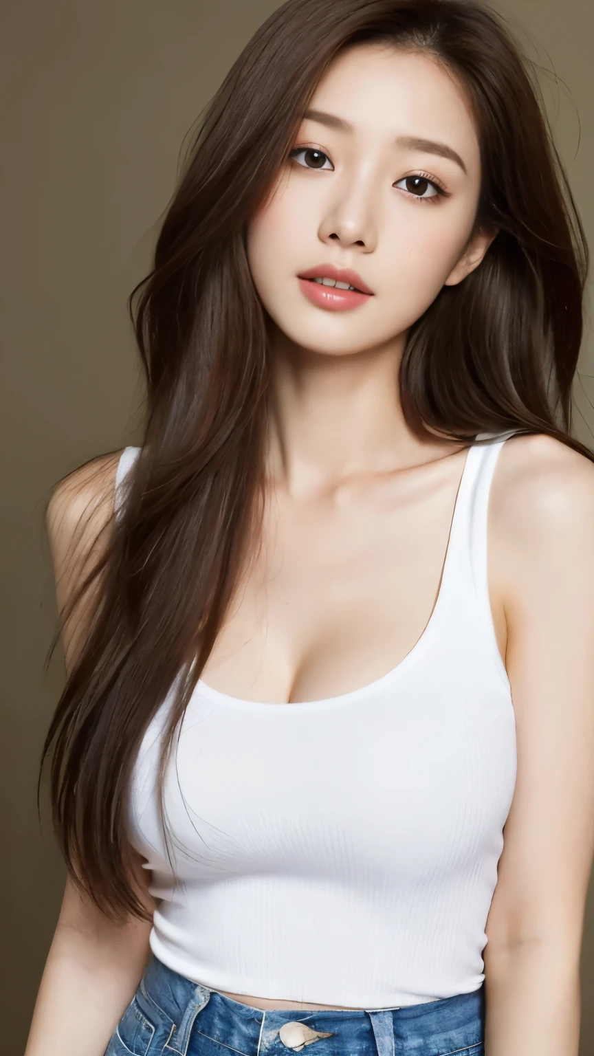 (lifelike, High resolution:1.3), 1 Girl with perfect body, highly detailed face and eyes,long hair, random color tank top:1.2, short jeans, big ,expose cleavage