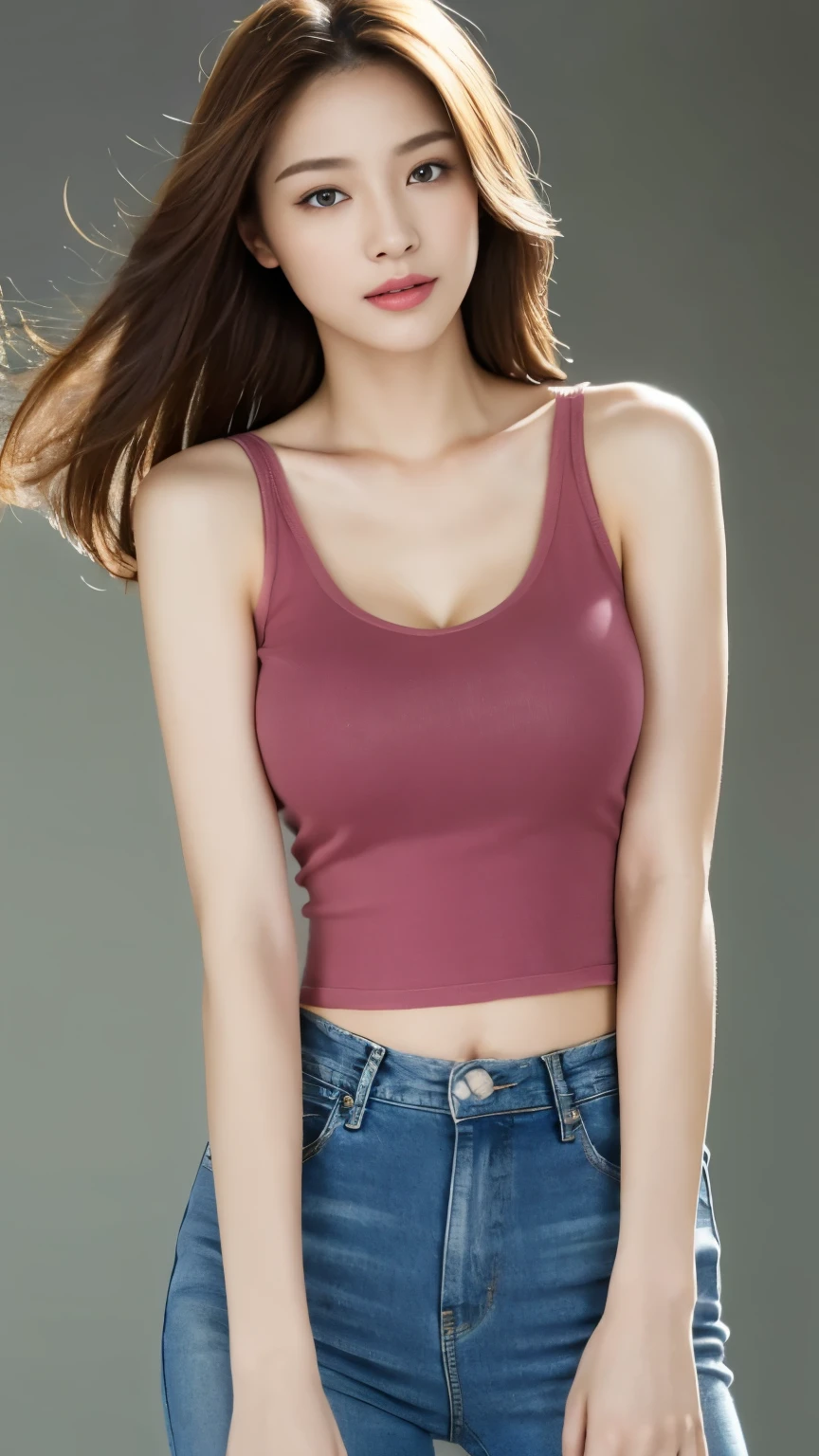 (real, High resolution:1.3), One girl with a perfect body, Very beautiful face and eyes,Long Hair, Random color tank top:1.2, Short jeans, Big Breasts,Exposing cleavage