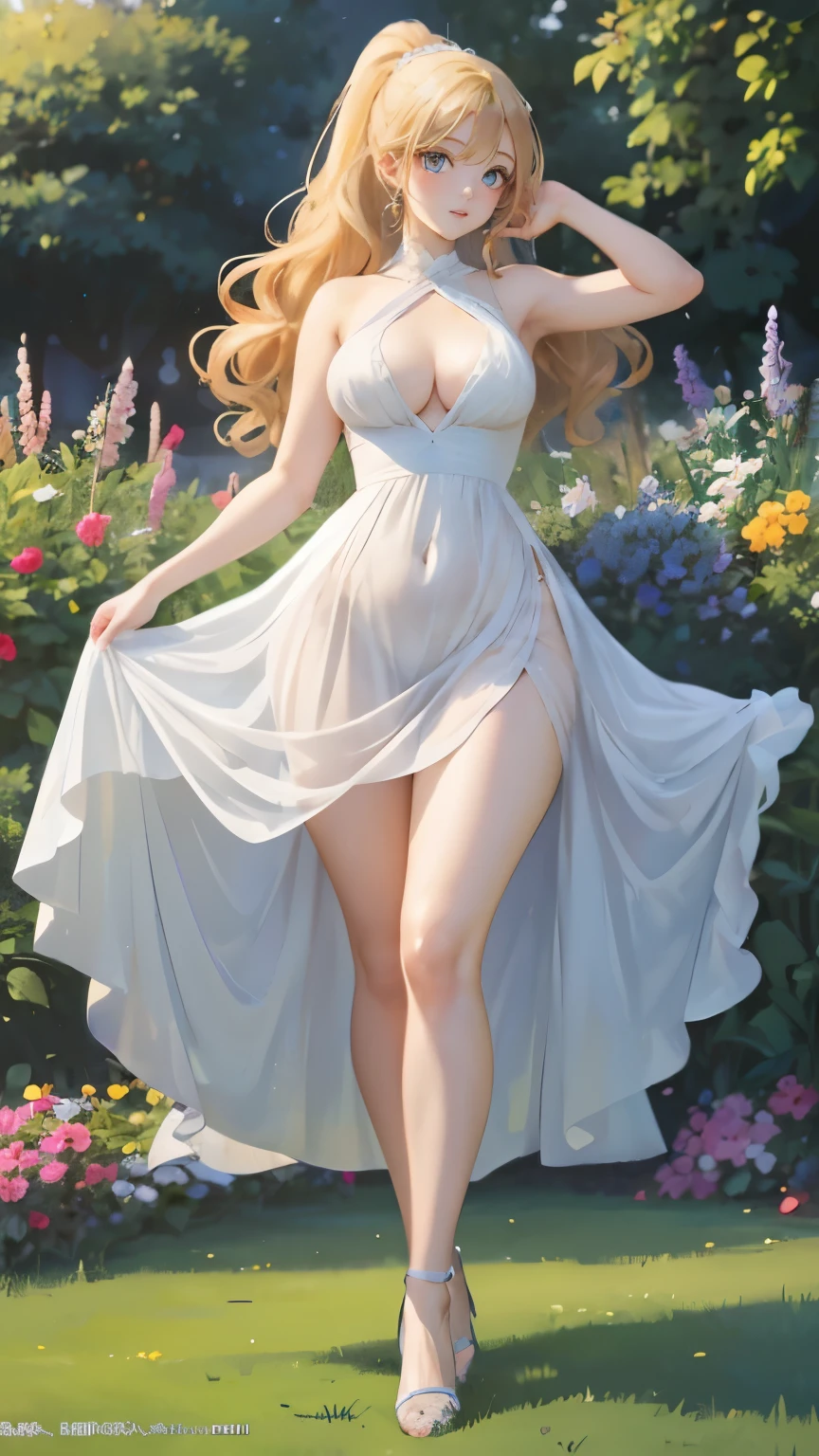 (masterpiece:1.2), (highest quality:1.2),, Curvy but slender body, perfect eyes, perfect face, perfect lighting, 1 girl, in the garden, （sexy pose），（Queen），（Dance Dresses），（full body shot），（ponytail），（cute gesture），curly hair, fine clothes, detailed outdoor background, compensate, eye shadow, thick eyelashes, fantasy, looking at the viewer, whole body、blue sky、Bright and very beautiful face、young shiny glossy white shiny skin、the best beauty、the most beautiful bright blonde hair in the world、thin hair、long hair、Shining beautiful bangs、big shining blue eyes、Very beautiful and lovely 30 years old, the most beautiful adult in the world、small breasts