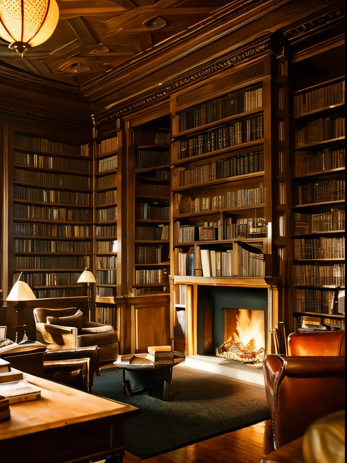 room with a grand fireplace where flames gently crackle. The room is lined with bookshelves filled with books, a heavy wooden desk, and a vintage globe. The soft light from a desk lamp and the fireplace creates a serene atmosphere.”