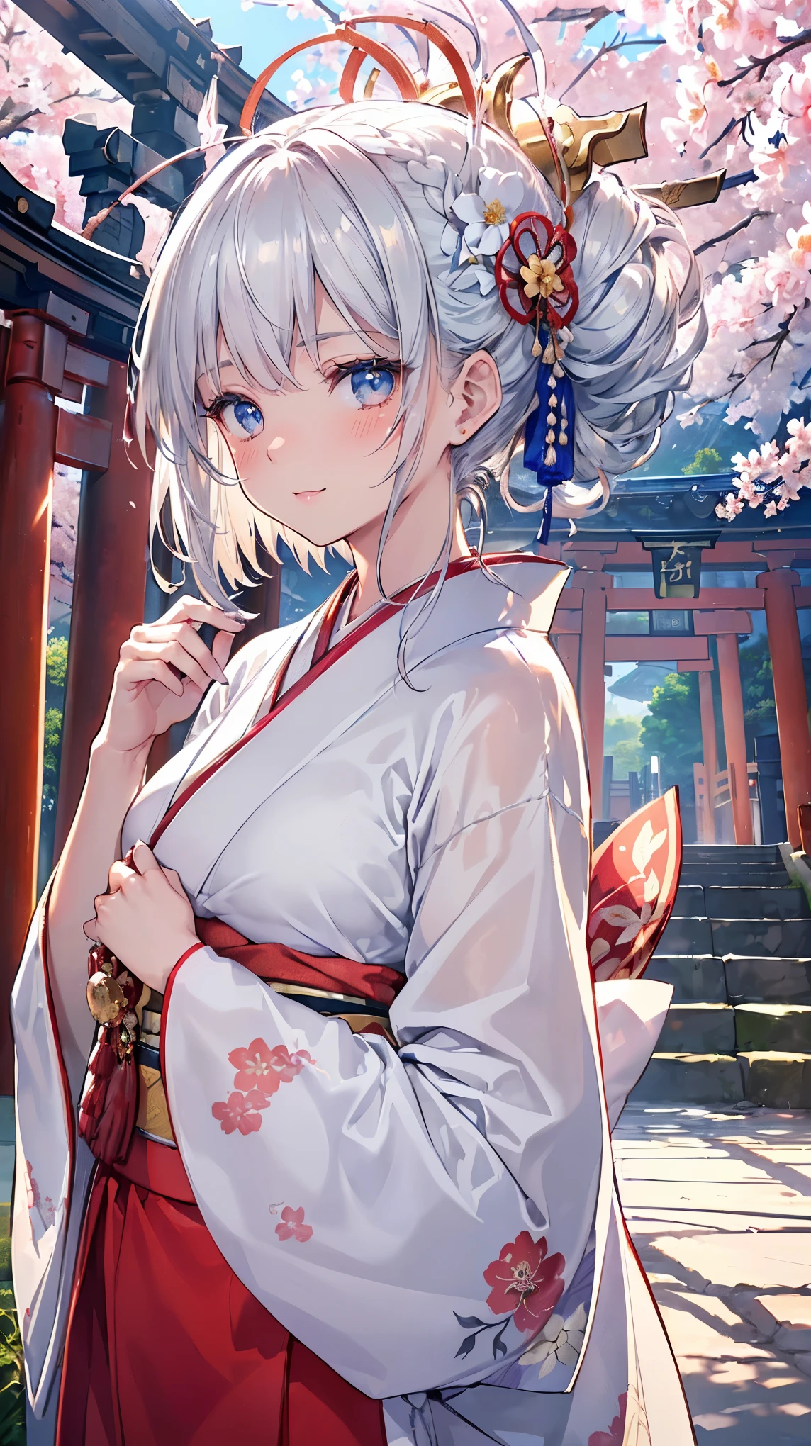 (((Masterpiece))), (((Highest quality))), ((Ultra-detailed)), ((Super fine illustration)), ((Ultra-fine painting)), (16K highest quality wallpaper:1.4), (Upper body:1.6), HDR, (Highly detailed and delicate illustration style:1.8), Detailed skin texture, Detailed cloth texture, Extreme detailed description, (T-masterpiece), (Highly detailed face:1.2), (Highly detailed silver fox ears:1.2), (Highly detailed shiny silver half updo:1.2), (Highly detailed clear eyes:1.2), Original, RAW photo, Professional, Intricate details, Super details, Direct light:1.6, (Perfect anatomy:1.4), (Highly detailed hands:1.2), (Highly detailed fingers:1.2), (Highly detailed fingertips:1.2), (16-years-old), Real, (Solo:1.8), ((A beautiful and cute silver fox girl who is an idol and wears a bright red long-sleeved kimono with a floral pattern:1.4)) BRAKE (Beautiful and adorable silver fox ears:1.6), (Highly detailed and delicate silver fox ears:1.4), (Beautiful and well-shaped big breasts:1.2), (Beautiful and well-shaped buttocks), (Beautiful and shiny silver half updo:1.6), (Highly detailed and delicate silver half updo:1.2), (Beautiful clear blue eyes that shine with great detail:1.6), (Highly detailed and delicate blue eyes:1.2), (Highly detailed face:1.4), (Smile:1.5), (Blush:1.4), (Looking at viewer:1.4), (Celebration:1.4) BRAKE (Bright red long-sleeved kimono with floral pattern:1.4), (Japanese traditional costume:1.2) BRAKE (Concept art:1.2), (Detailed fantasy art:1.2) BRAKE (Highly detailed and delicate Ise Grand Shrine in Mie Prefecture in the background just after noon in spring:1.6), (Standing in front of the torii gate:1.4), (Celebration:1.4), Ise Grand Shrine:1.4, Torii gate of Ise Shrine:1.4, cherry blossoms:1.2, Very beautiful in the sunny sky background just after noon:1.4 BRAKE