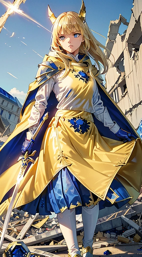 masterpiece,female knight,bright blonde,blue eyes,Blue armor,(yellow skirt:1.5),(sapphire blue cloak:1.9),(Broken sword),((collapsed building)),Indomitable look,fighting spirit,pledge,high fantasy,cinematic lighting