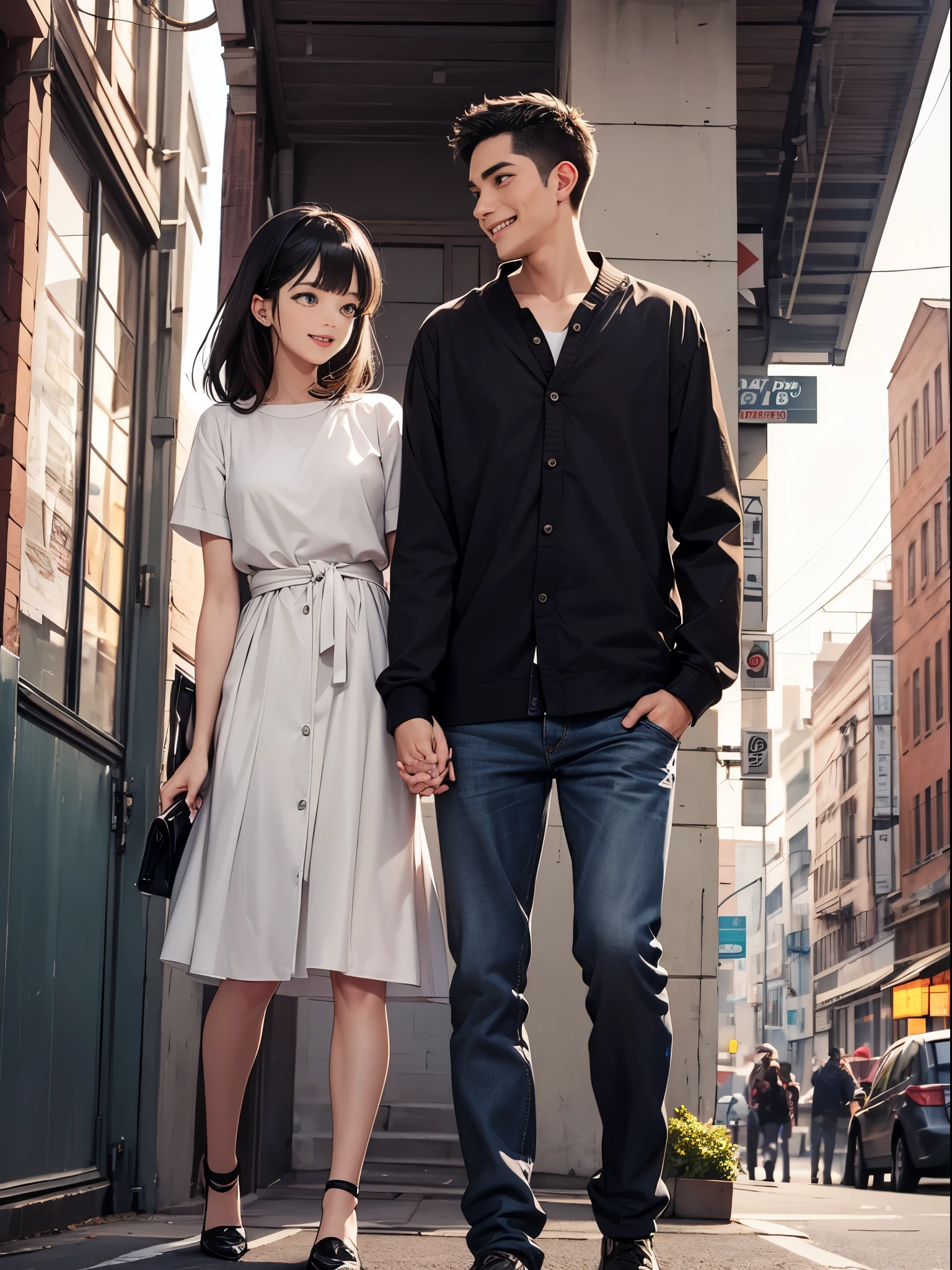 masterpiece, best quality, 2 people, couple, 1 man and 1 woman, mature, adult, height difference, Other fashions, different color, Detailed eyes and detailed face, intricate details, Casual clothing, oversized shirt, modern city streets, holding hands, laugh, happy, love