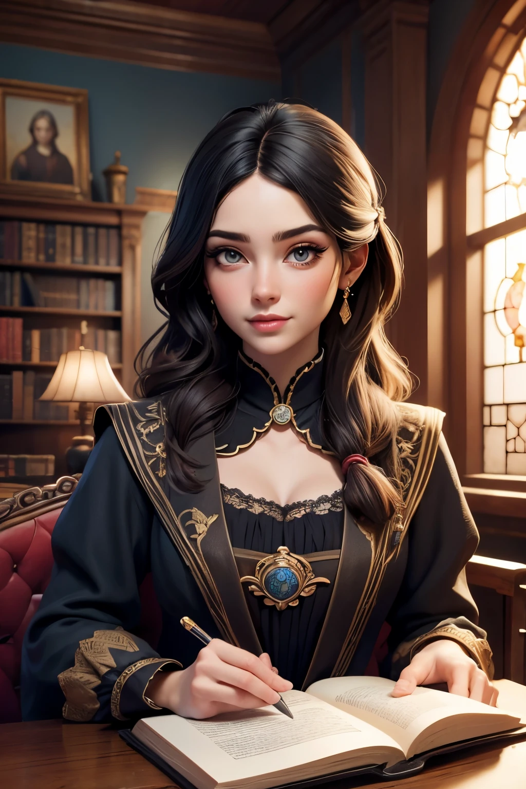 A in the library of the mini castle her mother built on the top of the hill.. medio:pintura de mejor calidad,4k,8K,Altas,parte maestra:1.2,ultra detallado,realista:1.37 colores vivos,Soft and warm tones, Additional diffuse lighting details: - The library is full of shelves that go from floor to ceiling., repleto de libros viejos. - Light filters through stained glass., casting colorful shadows across the room. - The girl sits in a luxurious armchair., con un libro abierto en tu regazo. - In the corner of the room, Hay una acogedora chimenea., crepitando con un fuego caliente. - The walls are adorned with old paintings., Adding a touch of Renaissance art to the scene.. estilo de arte: classic, Historical character theme requirements: - beautiful detailed eyes - beautiful detailed lips - extremely detailed eyes and face - long eyelashes