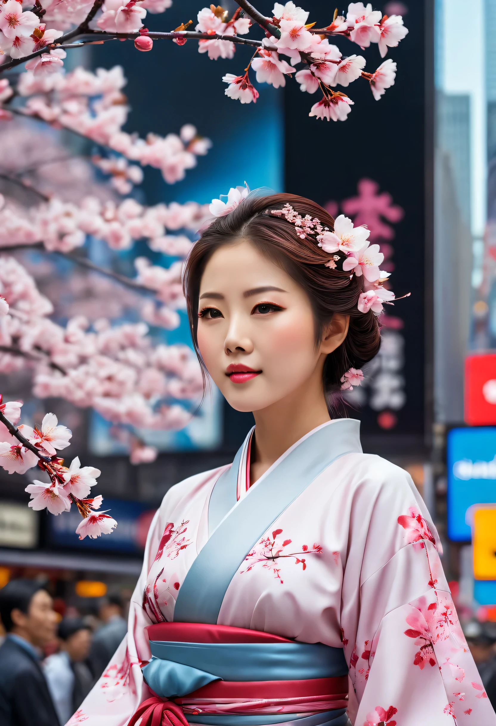 A vivid, lifelike portrait of a Sakura maiden graces the digital screen of a New York Times Square billboard. Her delicate features, clad in traditional Japanese attire, captivate the bustling city crowd. Fluttering cherry blossoms adorn her surroundings, juxtaposing the modern, urban backdrop. The portrait exudes tranquility and ethereal beauty, inviting a moment of peace amidst the chaos.