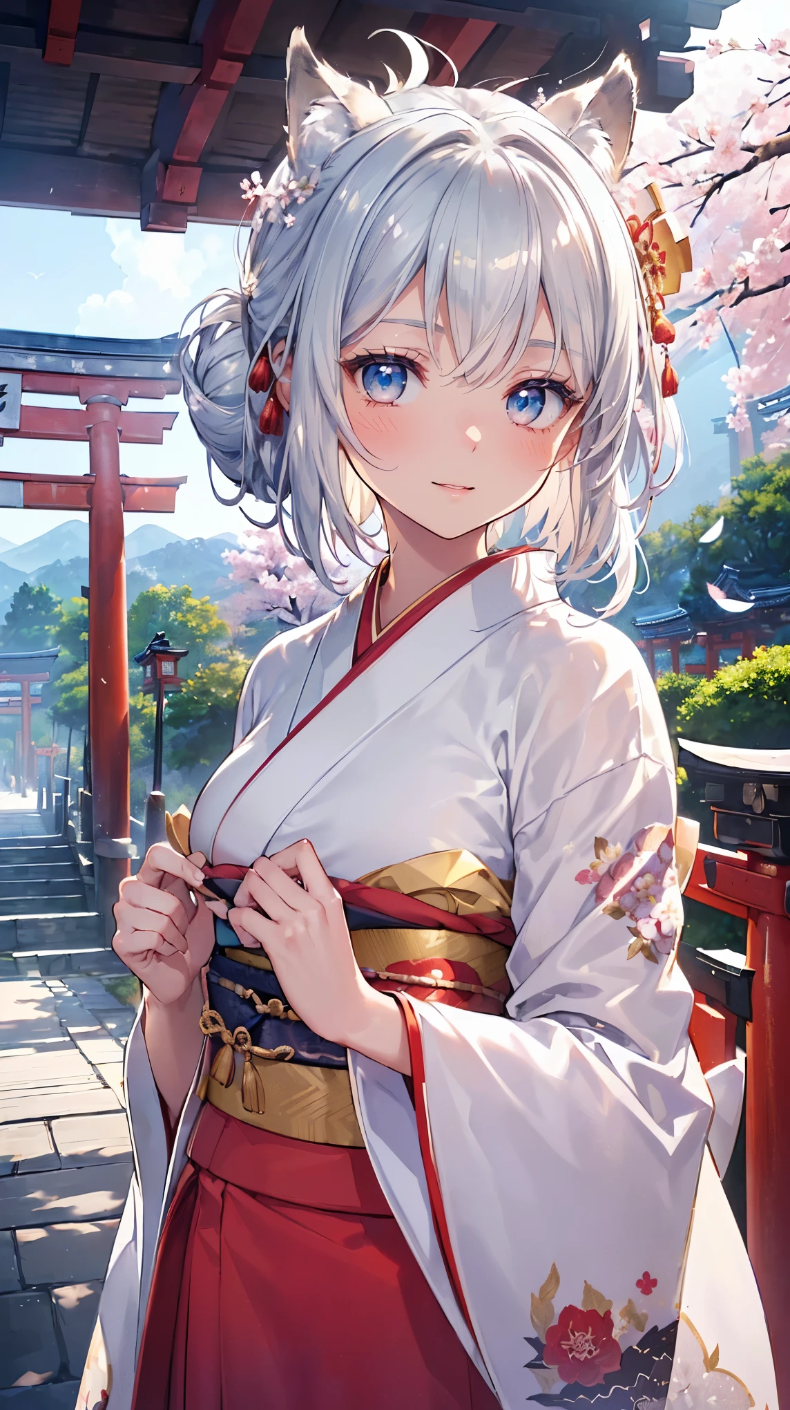 (((Masterpiece))), (((Highest quality))), ((Ultra-detailed)), ((Super fine illustration)), ((Ultra-fine painting)), (16K highest quality wallpaper:1.4), (Upper body:1.6), HDR, (Highly detailed and delicate illustration style:1.8), Detailed skin texture, Detailed cloth texture, Extreme detailed description, (T-masterpiece), (Highly detailed face:1.2), (Highly detailed silver fox ears:1.2), (Highly detailed shiny silver half updo:1.2), (Highly detailed clear eyes:1.2), Original, RAW photo, Professional, Intricate details, Super details, Direct light:1.6, (Perfect ???????:1.4), (Highly detailed hands:1.2), (Highly detailed fingers:1.2), (Highly detailed fingertips:1.2), (16-years-old), Real, (Solo:1.8), ((A beautiful and cute silver fox girl who is an idol and wears a bright red long-sleeved kimono with a floral pattern:1.4)) BRAKE (Beautiful and adorable silver fox ears:1.6), (Highly detailed and delicate silver fox ears:1.4), (Beautiful and well-shaped big breasts:1.2), (Beautiful and well-shaped buttocks), (Beautiful and shiny silver half updo:1.6), (Highly detailed and delicate silver half updo:1.2), (Beautiful clear blue eyes that shine with great detail:1.6), (Highly detailed and delicate blue eyes:1.2), (Highly detailed face:1.4), (Smile:1.5), (Blush:1.4), (Looking at viewer:1.4), (Celebration:1.4) BRAKE (Bright red long-sleeved kimono with floral pattern:1.4), (Japanese traditional costume:1.2) BRAKE (Concept art:1.2), (Detailed fantasy art:1.2) BRAKE (Highly detailed and delicate Ise Grand Shrine in Mie Prefecture in the background just after noon in spring:1.6), (Standing in front of the torii gate:1.4), (Celebration:1.4), Ise Grand Shrine:1.4, Torii gate of Ise Shrine:1.4, cherry blossoms:1.2, Very beautiful in the sunny sky background just after noon:1.4 BRAKE 