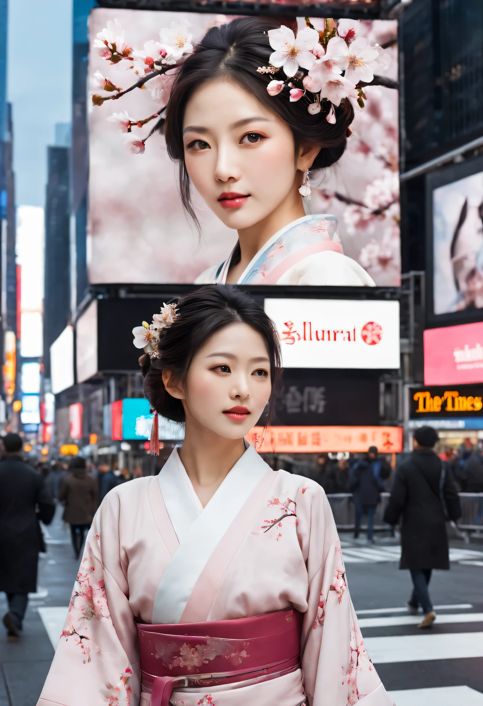 A vivid, life like portrait of a Sakura maiden graces the digital screen of a New York Times Square billboard. Her delicate features, clad in traditional Japanese attire, captivate the bustling city crowd. Fluttering cherry blossoms adorn her surroundings, juxtaposing the modern, urban backdrop. The portrait exudes tranquility and ethereal beauty, inviting a moment of peace amidst the chaos.