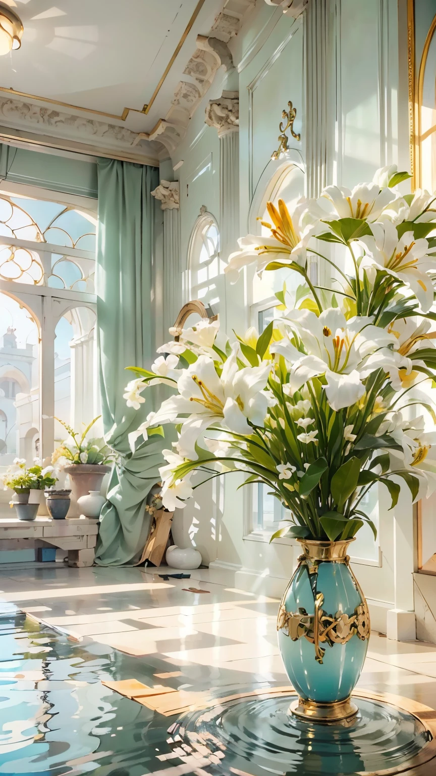 Megapoliodern interior, large hall-living room, Art Nouveau style - masterpiece, Best quality, (Modern), (surrealism: 1.3)). (A lot of fresh flowers, in simple glass vases, of different shapes, decorated with lilies in glass vases, a lot , stunning view of flowers). Best quality, ((masterpiece: 1.2), (realism: 1.2), (Best quality), (special attention to detail, flowers, room elements: 1.3)). (Sunny day, large white room - hall, studio, style, modern modern). (Open windows, full wall, exquisite design, in light colors, (predominant: white, green with yellow stripes, gold). (High light ceiling). ((realistic 3D visualization, super detail, ray tracing, flooded sunlight, contrasting shadows - cold tone, warm soft light)).Modern style (modern), (High-Tech), (surrealism: 1.3), Excellent, high quality. Hand-drawn realism.