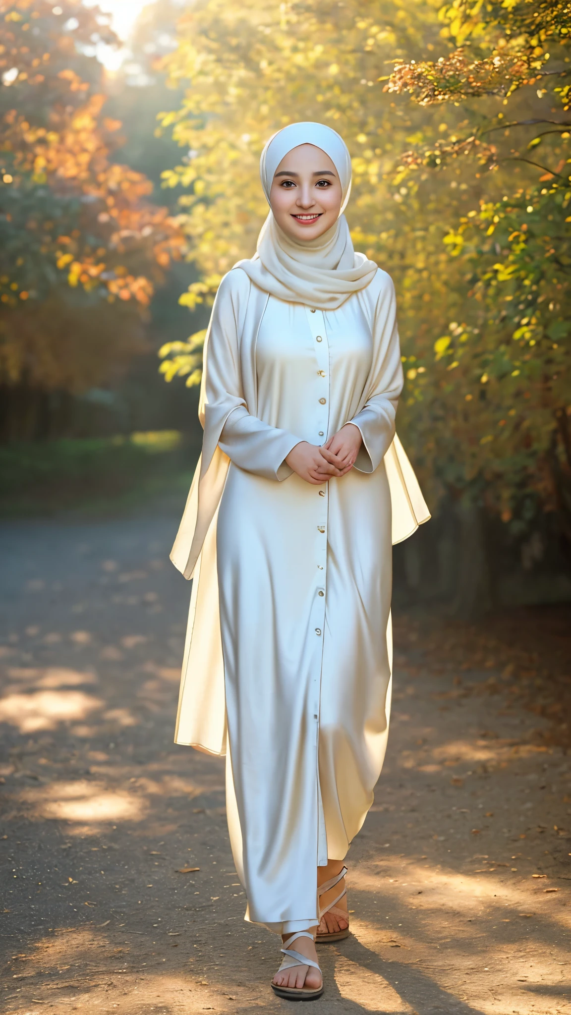 (RAW photo, best quality), (realistic, photo-realistic:1.3), 1 girl, solo girl, full body portrait, full body photo, tall background, extremely delicate and beautiful, Amazing, finely detail, masterpiece, ultra-detailed, highres,(best illustration), (best shadow),intricate,depth of filed, On a summer afternoon, a lovely white female muslim dress with cardigan, pashmina hijabs, perfect hijab, sandals, In the golden hues of autumn, creating a soothing sound, shine eyes, immersing smile in harmony with nature, No hair seen, looking at viewer, body facing to viewer, (blurry background:1.4), sharp focus, volumetric fog, 8k UHD, high quality, (film grain:1.4), apertur f/1.4,