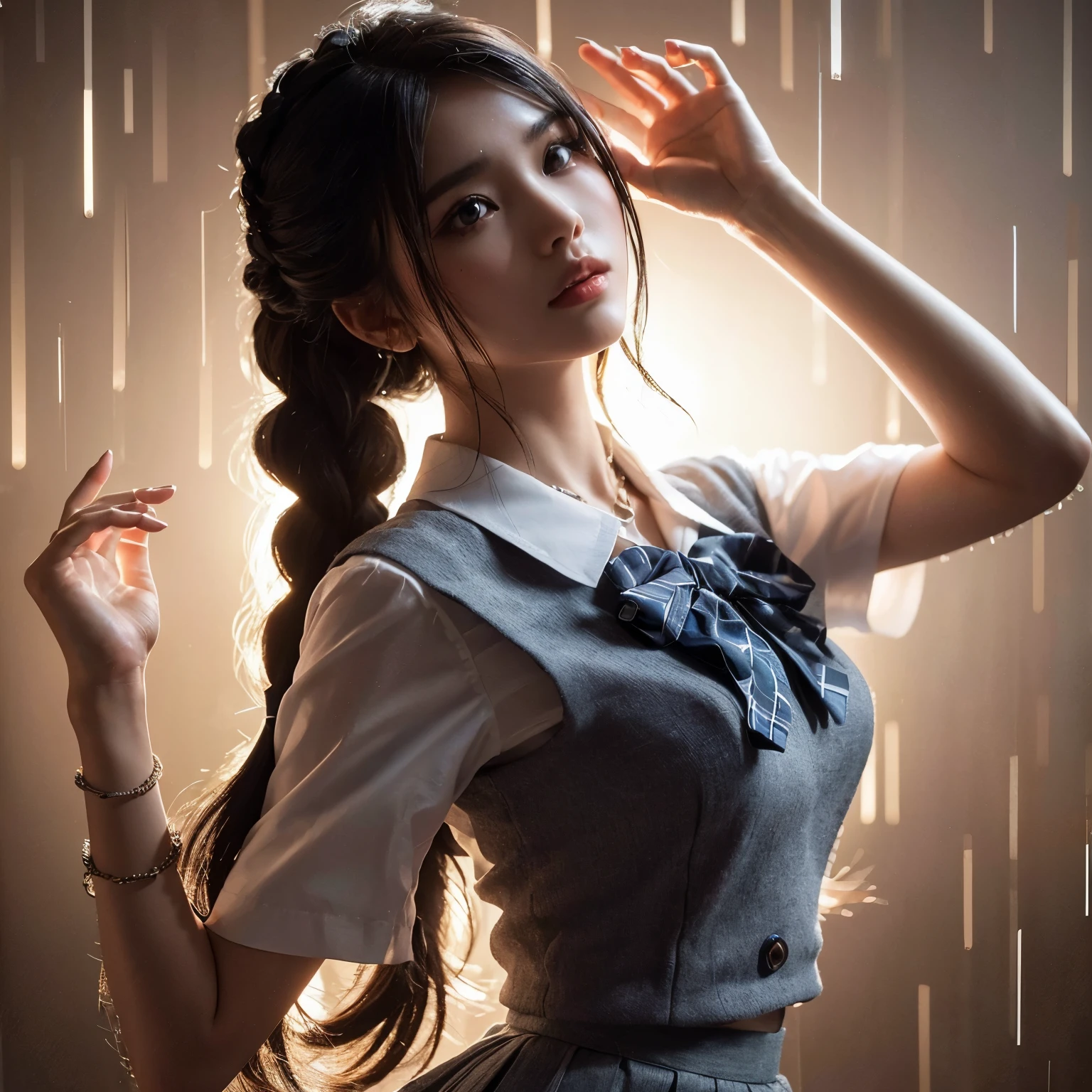 (Ultra-detailed eyes), ((very sharp photo result & detailed face)) (((textile shading))), (((Best Quality))), (((masterpiece))), (((Ultra-detailed CG))) ((striking a pose)) hyper ultra realistic photography, dramatic light, dynamic model pose, full body of beautiful sundanese Indonesian girl, 18 years old, detail face, moist skin, long black hair braid hairstyle, raise her hands, wearing indonesian high school uniform, wear short blue grey skirt, environtment on dramatic light tungsten, HDR10, photo by analog camera Nikon D850 f/16, high detailed 8k