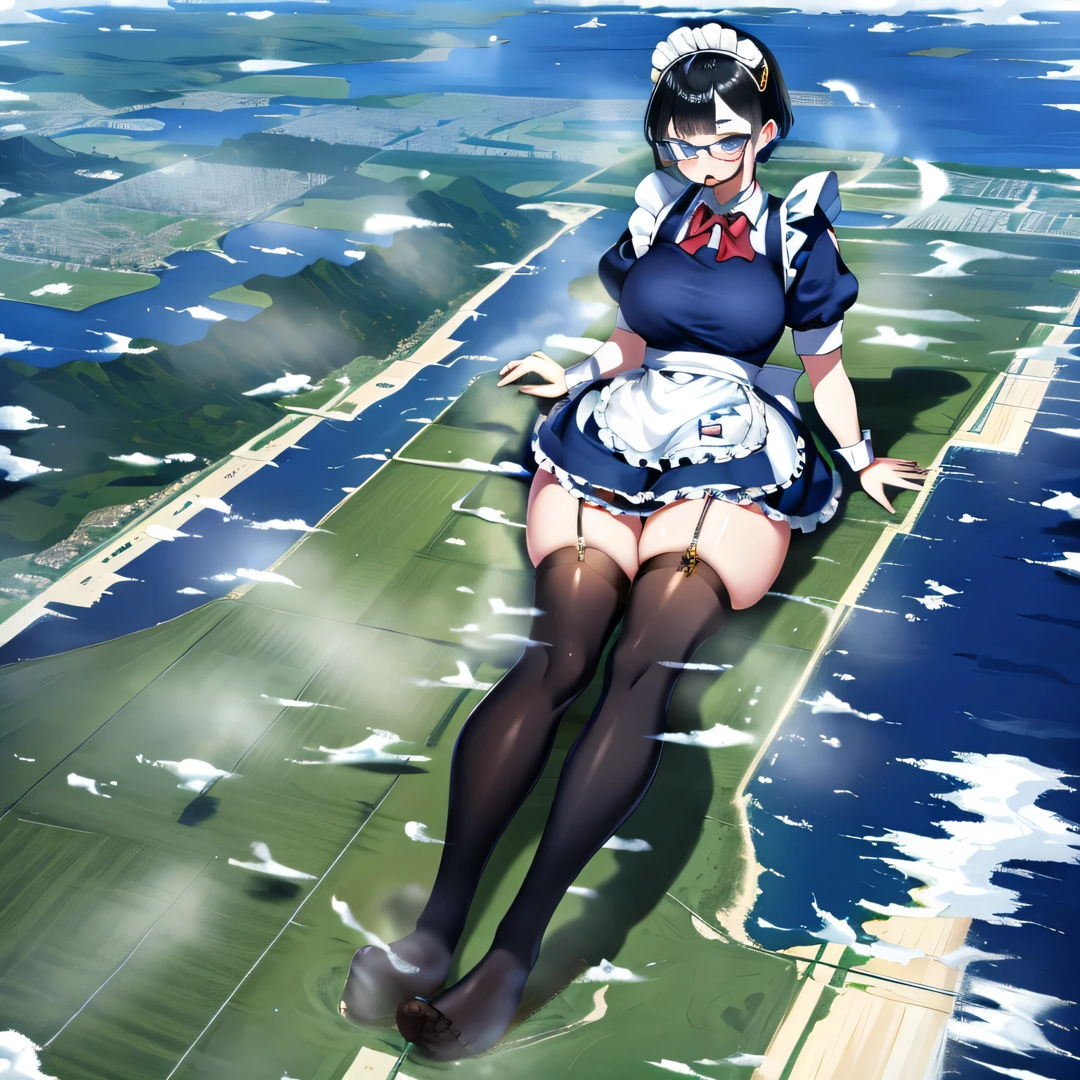 multiple girls, Giantの芸術, 非常に詳細なGiantショット, Giant, short hair, A huge beautiful girl that is much bigger than a skyscraper, wearing rimless glasses, big breasts, big ass, navy maid uniform, black pantyhose, pantyhose barefoot, Steam comes out from the soles of the feet, very small metropolis, miniature metropolis, crush the big city, full body description, ＧＴＳ, ギガGiant, stomping city, crash city, small town, micro city, High resolution, highest quality, masterpiece, maid, 