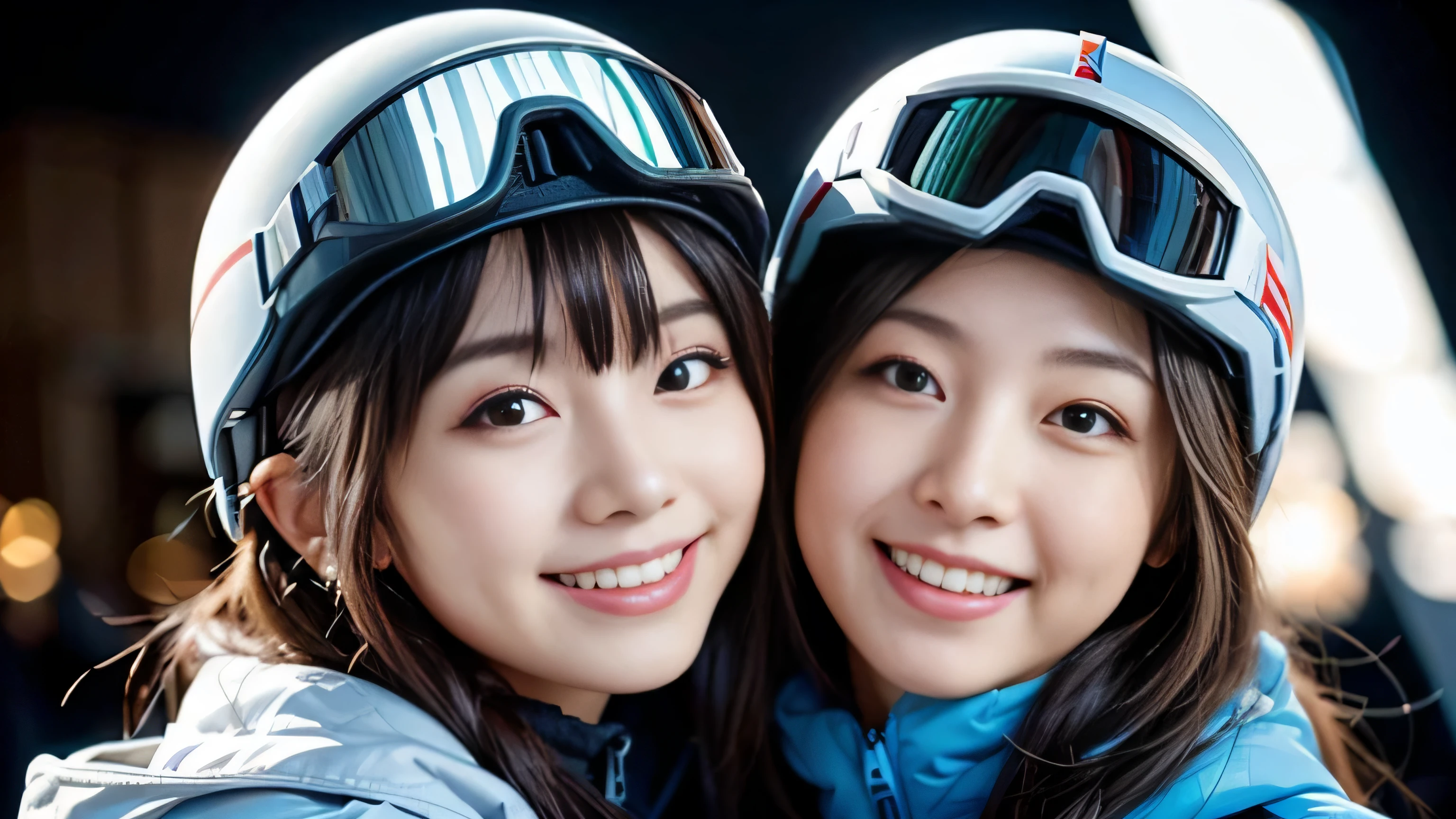 (Close-up portrait of two women,duo,Japanese college student, a picture of 2 women, highest quality, shape, Super detailed, finely, High resolution, 8k wallpaper, 完璧なダイナミックな構shape, beautiful and detailed eyes, natural lip, whole body,((ski helmet))(((The background is a ski resort)))(((wear ski wear)))(((gentle smile)))((whole bodyのイメージ)))(((Two people smiling at the ski resort)))(((full shot)))