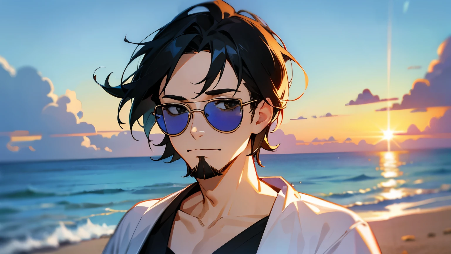 beach,seaside,Sunset,Shoulder short hair,male,Show forehead,sunglasses,beard,black hair
