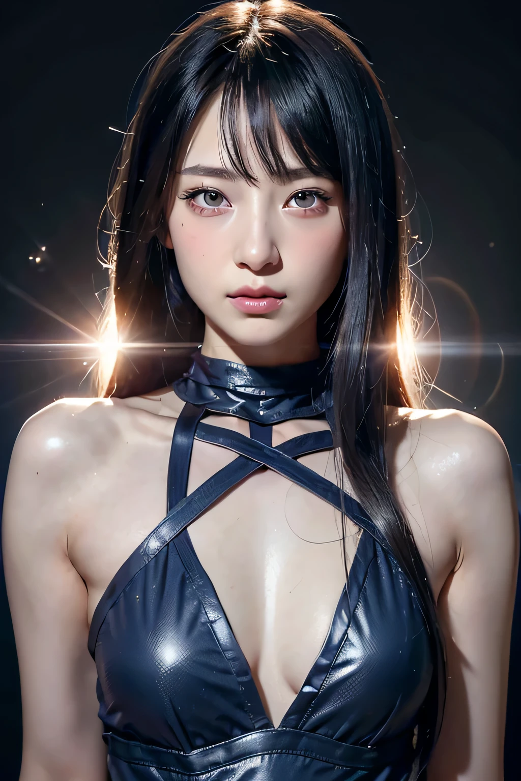 8k、High resolution、female warrior fashion、beautiful girl、Android Body、young、white skin,、narrow eyes,high nose,lighting that illuminates the face、clear image、intellectual beauty、skinny、no makeup、anxious look、lighting that illuminates the face,shining hair、single eyelid,blue eyes、battlefield