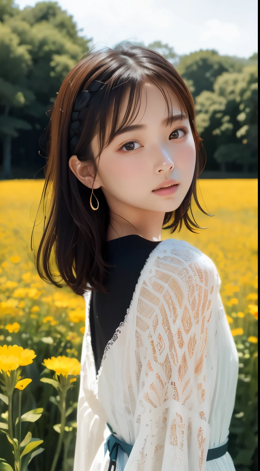realistic, High resolution, soft light,1 female, 16age、、Japanese、alone, waist rises high, glowing skin, (detailed face),jewelry, brown hair,french braid、white_Dress Flower Field,(dynamic angle:1.1),Brilliant,Soft and warm color palette, delicate brushstrokes, Targeted use of light and shadow, wide shot,The deliciousness of wilted flowers,high contrast,color contrast,Masseter muscle part:1.3