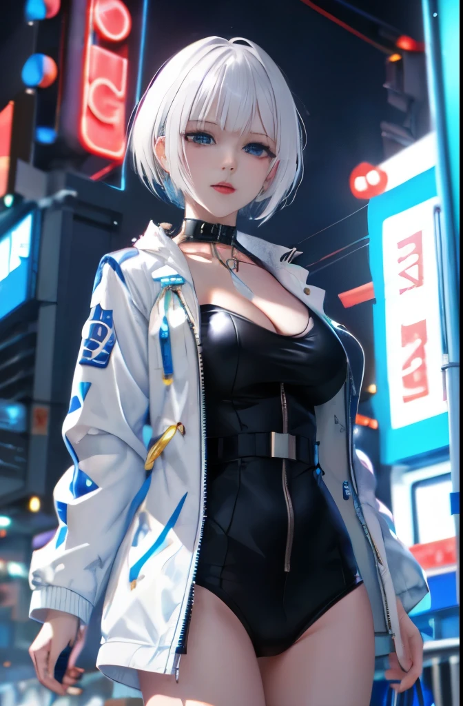1girl, bangs, white hair, blue eyes, fashi-g, short hair, forehead, cleavage, collarbone, open jacket,mecha,cyberpunk,neon lights,large breasts,mature female,shiny skin,rain,water drop, (cowboy Shot:1.5),