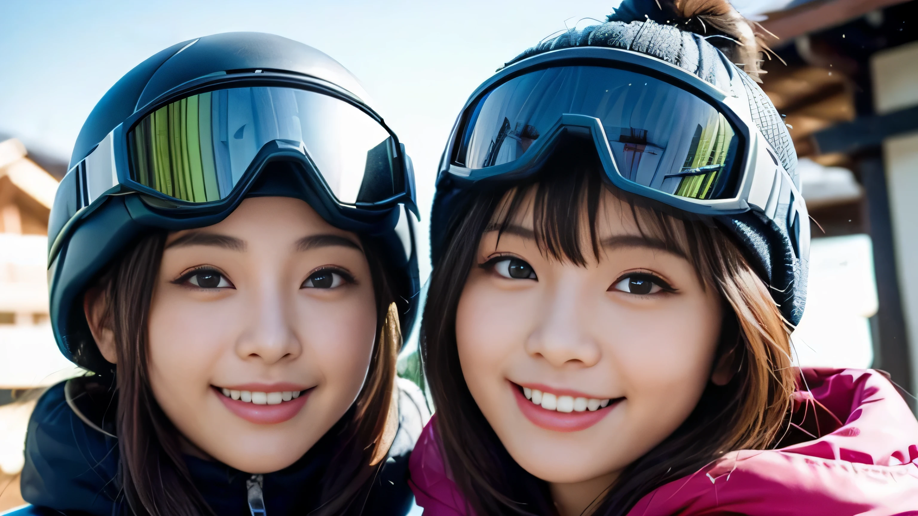 (Close-up portrait of two women,duo,Japanese college student, a picture of 2 women, highest quality, shape, Super detailed, finely, High resolution, 8k wallpaper, 完璧なダイナミックな構shape, beautiful and detailed eyes, natural lip, whole body,((ski helmet))(((The background is a ski resort)))(((wear ski wear)))(((gentle smile)))((whole bodyのイメージ)))(((Two people smiling at the ski resort)))(((full shot)))