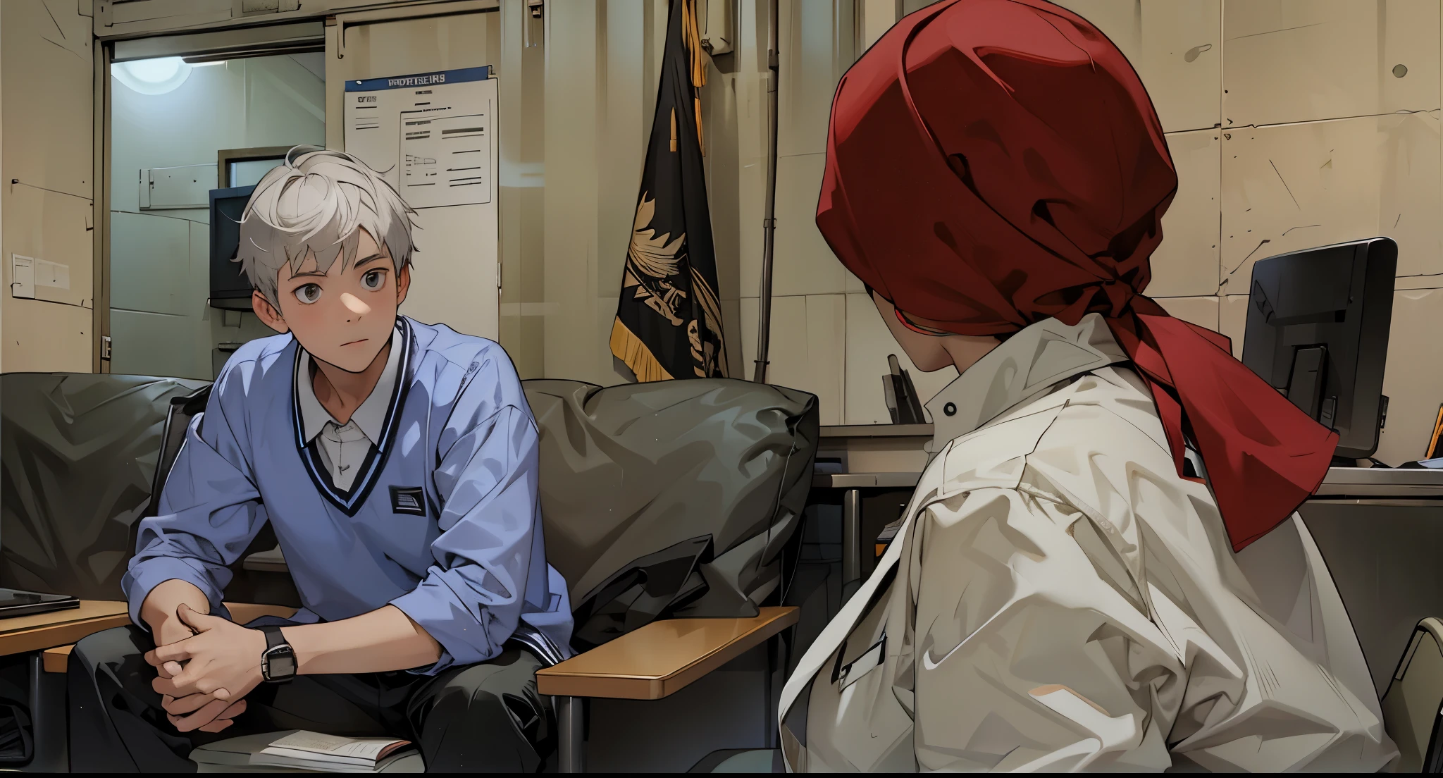 a 17 year old male student with short silver hair with gray eyes sitting in front of his teacher