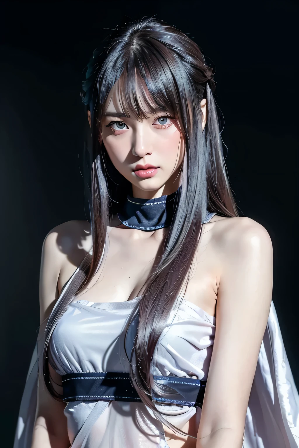 ８ｋ、High resolution、female warrior fashion、beautiful girl、Android Body、young、white skin,、narrow eyes,high nose,lighting that illuminates the face、clear image、intellectual beauty、skinny、no makeup、anxious look、lighting that illuminates the face,shining hair、single eyelid,blue eyes、stand on the battlefield