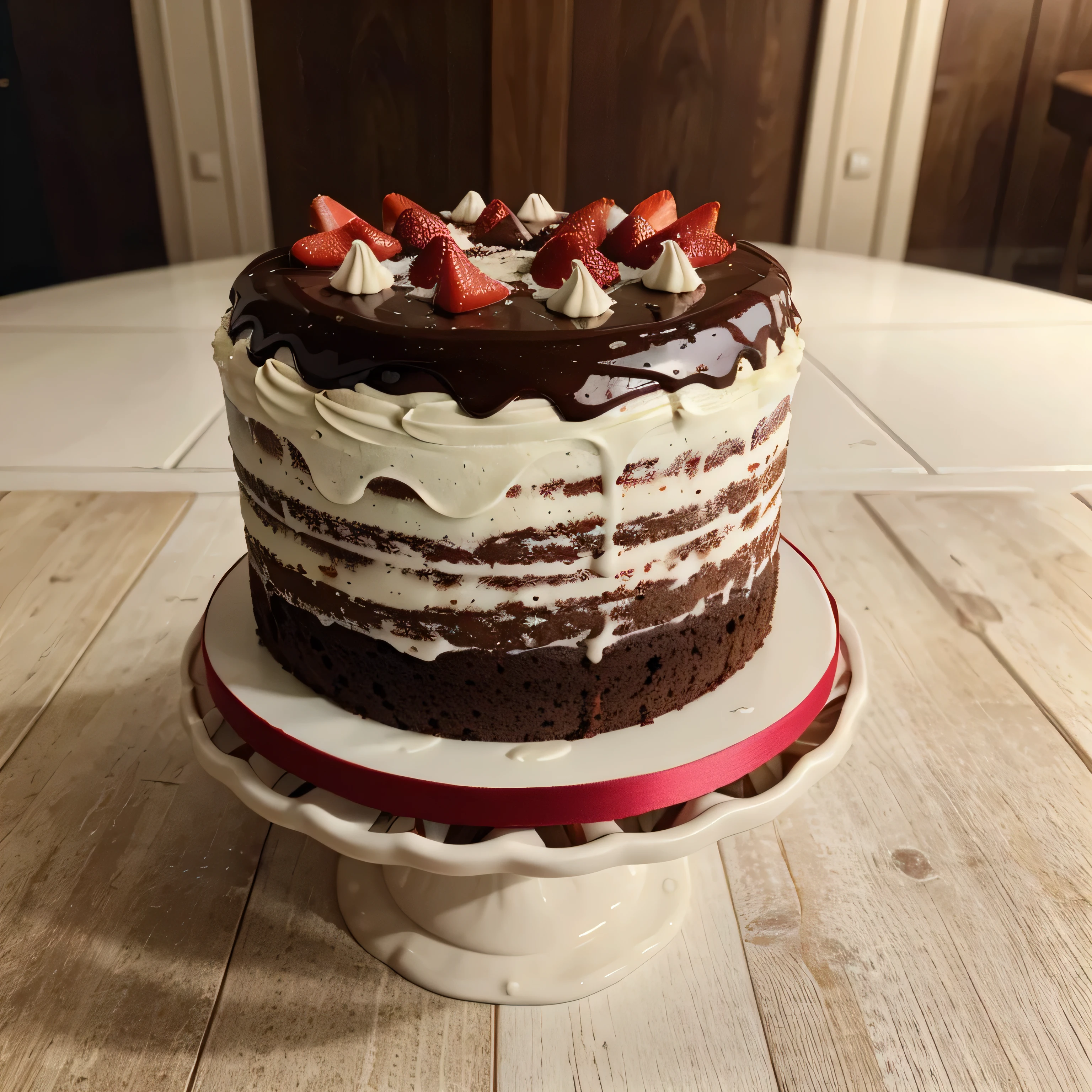 a delicious and mouthwatering cake, made with rich layers of chocolate and creamy frosting, topped with fresh strawberries and a drizzle of chocolate sauce, served on a beautiful decorative cake stand. The cake is beautifully decorated with intricate designs and colorful edible flowers. The texture of the cake is moist and fluffy, with a melt-in-your-mouth sensation. The colors of the cake are vibrant and visually appealing, with a combination of deep browns, creamy whites, and bright reds. The lighting in the scene is soft and warm, accentuating the cake's deliciousness. This is a high-quality image with ultra-detailed features, capturing every intricate detail of the cake. The art style is realistic and the colors are vivid and true to life, giving the image a photorealistic quality. This cake is a masterpiece, a true work of art that is both visually stunning and delicious to taste.