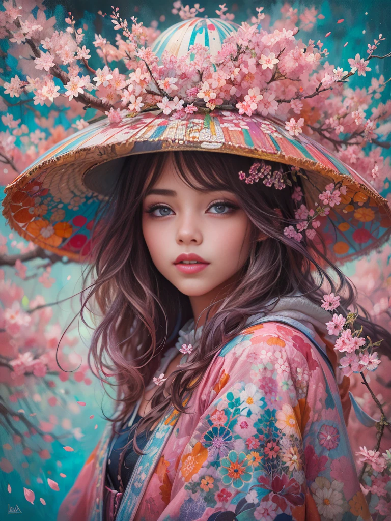 an oil painting，Beautiful girl wearing cherry blossom hat, Psychedelic Sakura Space , Very detailed, Vibrant Color Lisa Candid Style,Sakura girl, Layered art，artistic creativity:1.4