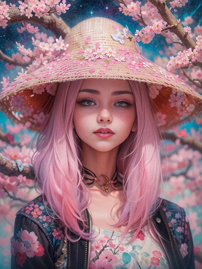 an oil painting,Beautiful girl wearing cherry blossom hat, Psychedelic Sakura Space , Very detailed, Vibrant Color Lisa Candid Style,Sakura girl, Layered art,artistic creativity:1.4