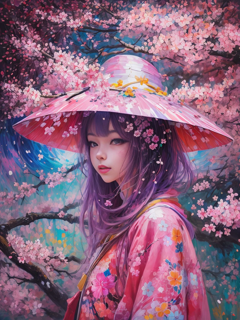 an oil painting，Beautiful girl wearing cherry blossom hat, Psychedelic Sakura Space , Very detailed, Vibrant Color Lisa Candid Style,Sakura girl, Layered art，artistic creativity:1.4